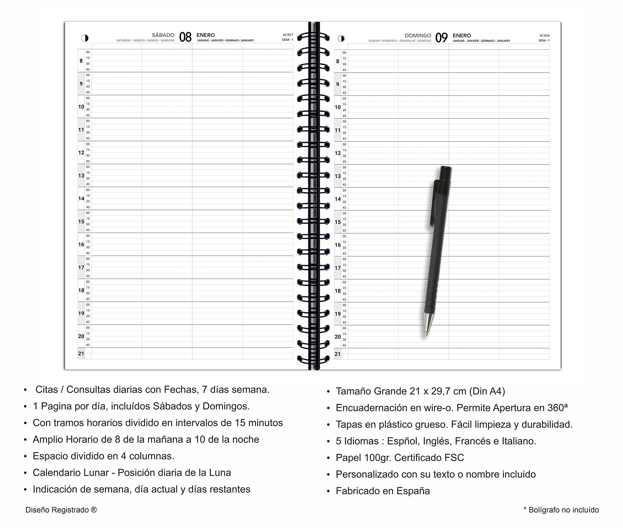 Agenda citas 2026. Con fechas.365 Días. Intervalos cada 15 minutos, 8 mañana a 9 noche. Tamaño A4 .Personalizado con su texto o logo. Agenda citas profesional