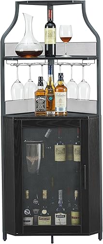 Miniatura 4 de GarveeHome - Gabinete de vino de esquina con estante de vino desmontable, gabinete de bar de esquina industrial de 5 niveles con puerta de granero y