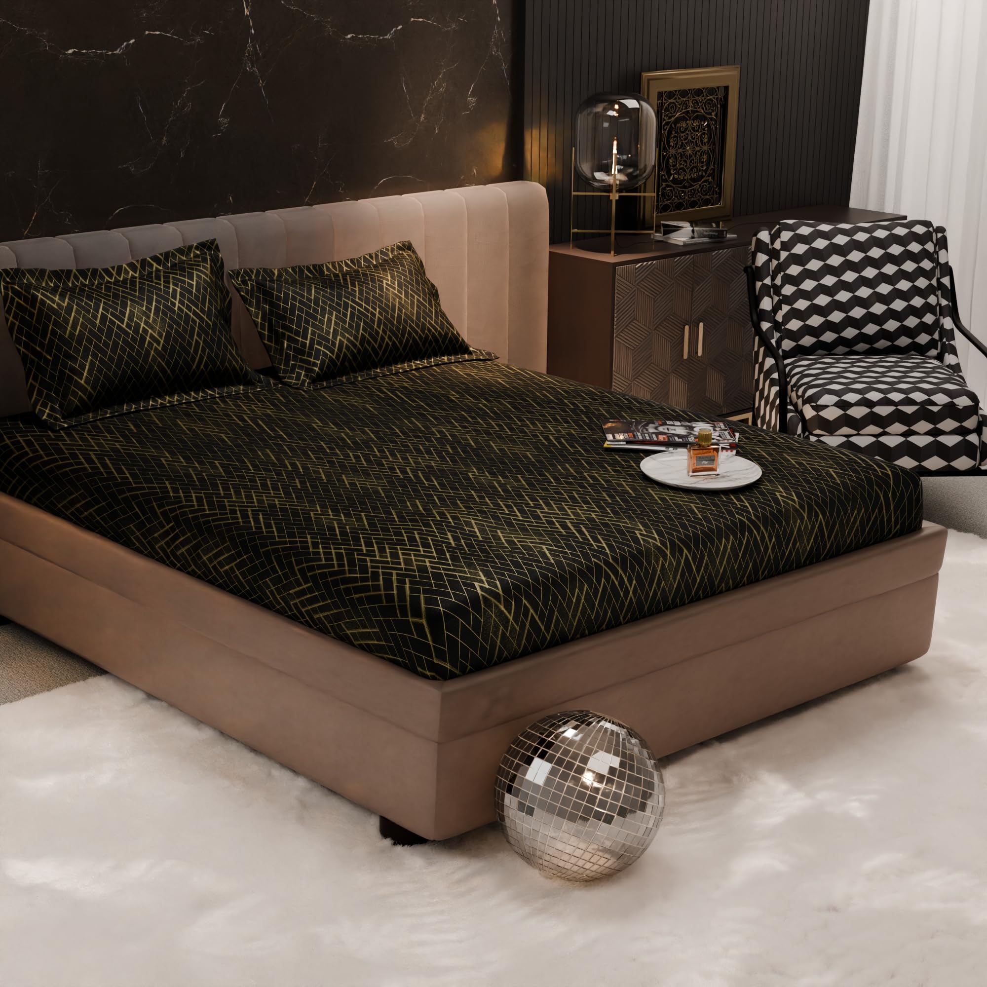 Stoa Paris 300TC UltraSatin King Fitted Bedsheet Set with 2 Pillow Covers, Gentle on Skin & Hair, Wrinkle & Fade Resistant, Home Decor, Gift for Couple, Starlit Night - Black (183cm x 198cm + 30cm)