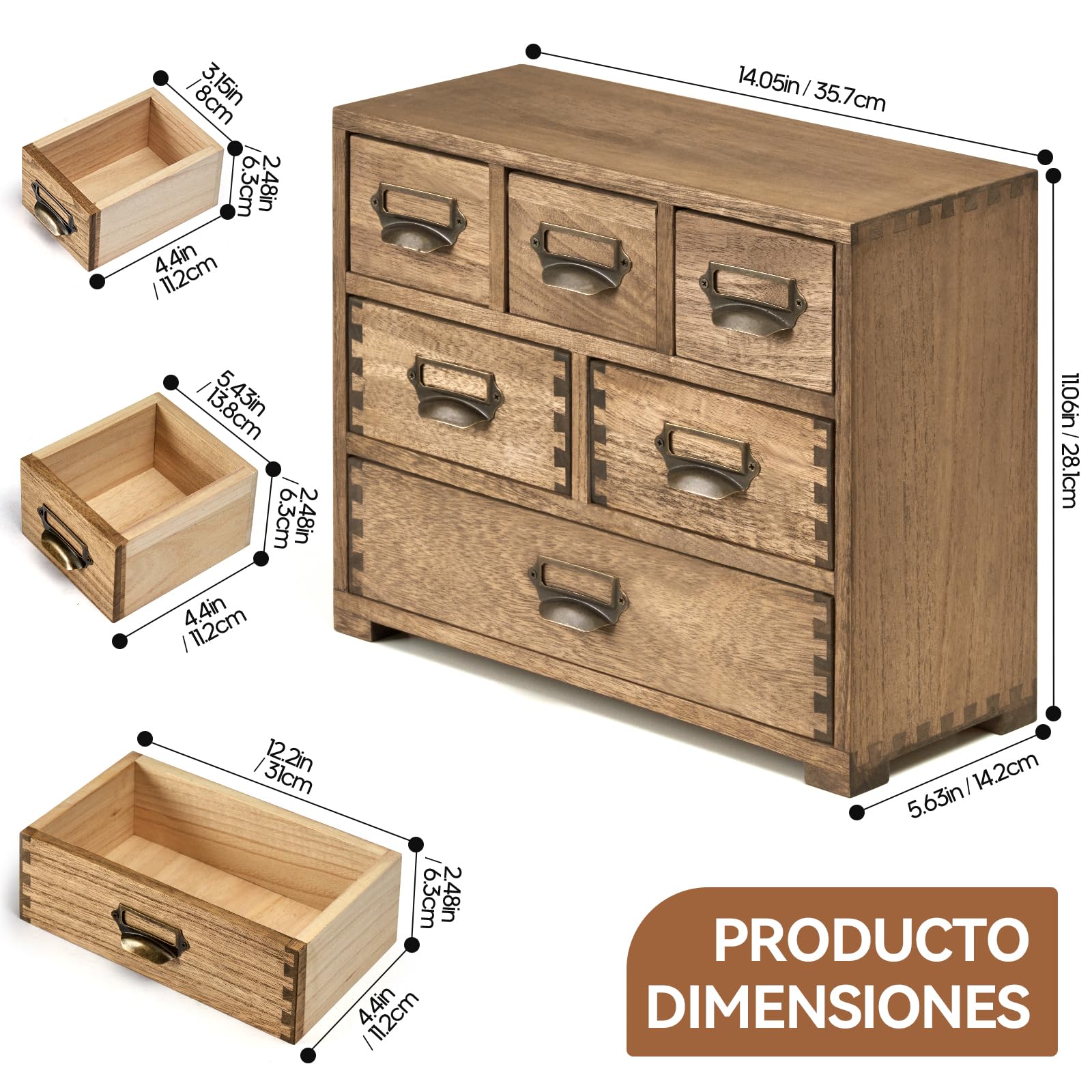 KIRIGEN Organizador de Escritorio, Minicajonera de Madera, Marrón oscuro | 6 cajones, paulownia maciza, 35,7 x 14,2 x 28,1 cm, artesanal, montada, ensambles de mortaja y espiga, aceite vegetal