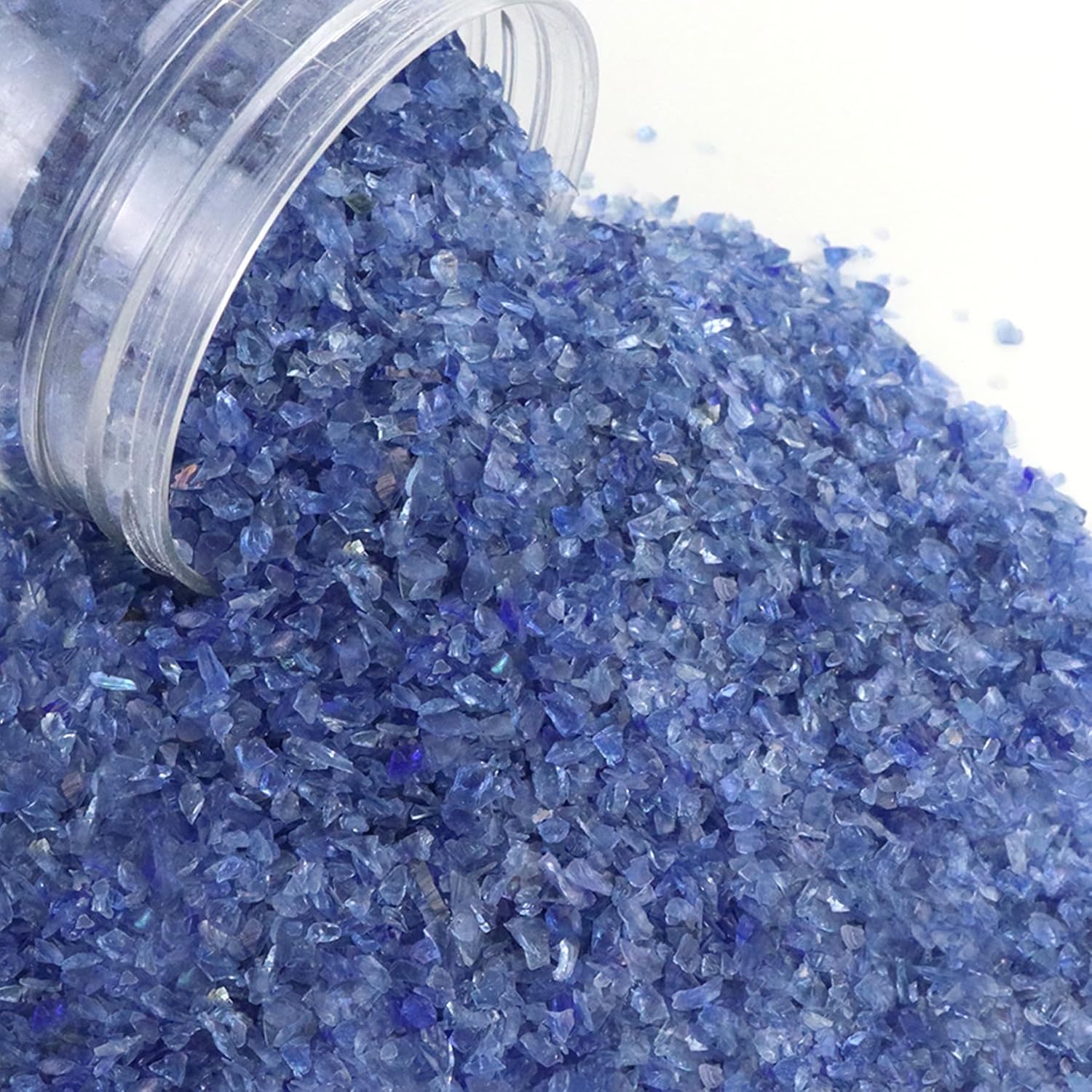 Crushed Fire Glass, Translucent Broken Glass，Decorative for Resin Art, Fire Pits, Potted Plants, Garden and Indoor Use, 3-6mm Fire Pit Glass, 1 Pound in Jar(Azure Blue)