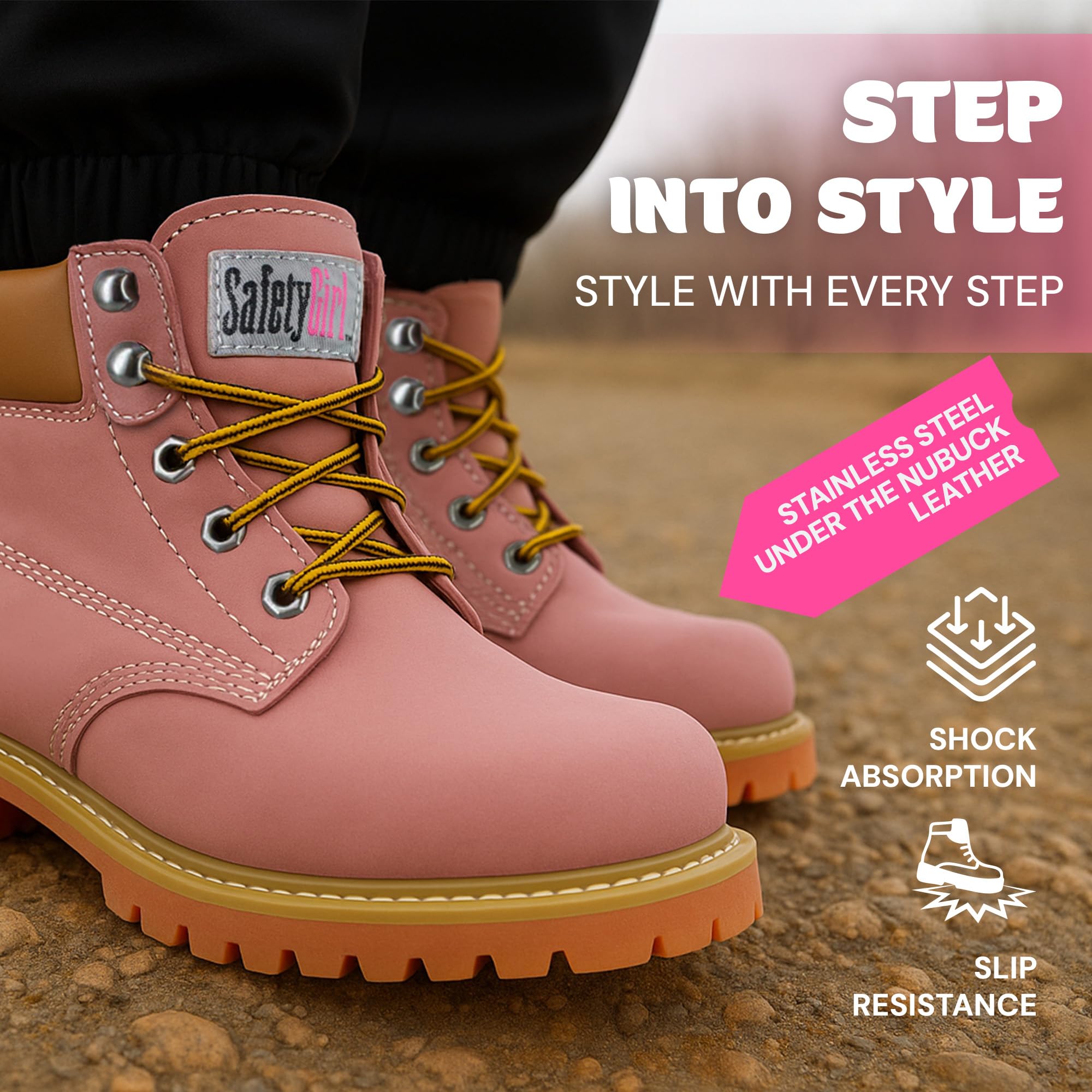 Safety Girl Steel Toe Boots for Women - Light Pink-5W | Water Resistant Work Boots for Women Soft Toe Boots | Slip Resistant Work Shoes | Lightweight Nubuck Leather for Comfort and Style product thumbnail 3