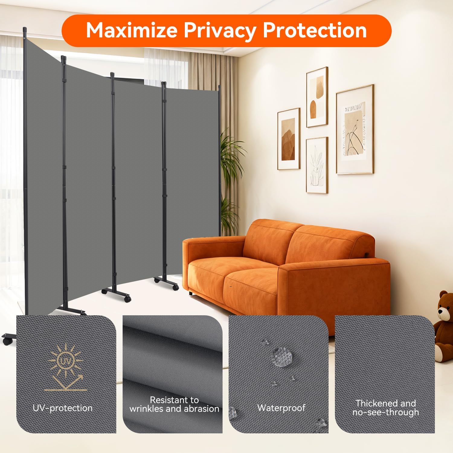 Room Divider 88''W Wall Divider for Room Partition (Heavy Duty Base) 4 Panel Partition Room Dividers, Freestanding Room Divider Screen Separation W/Wheels Folding Privacy Screen Panel Space Separator