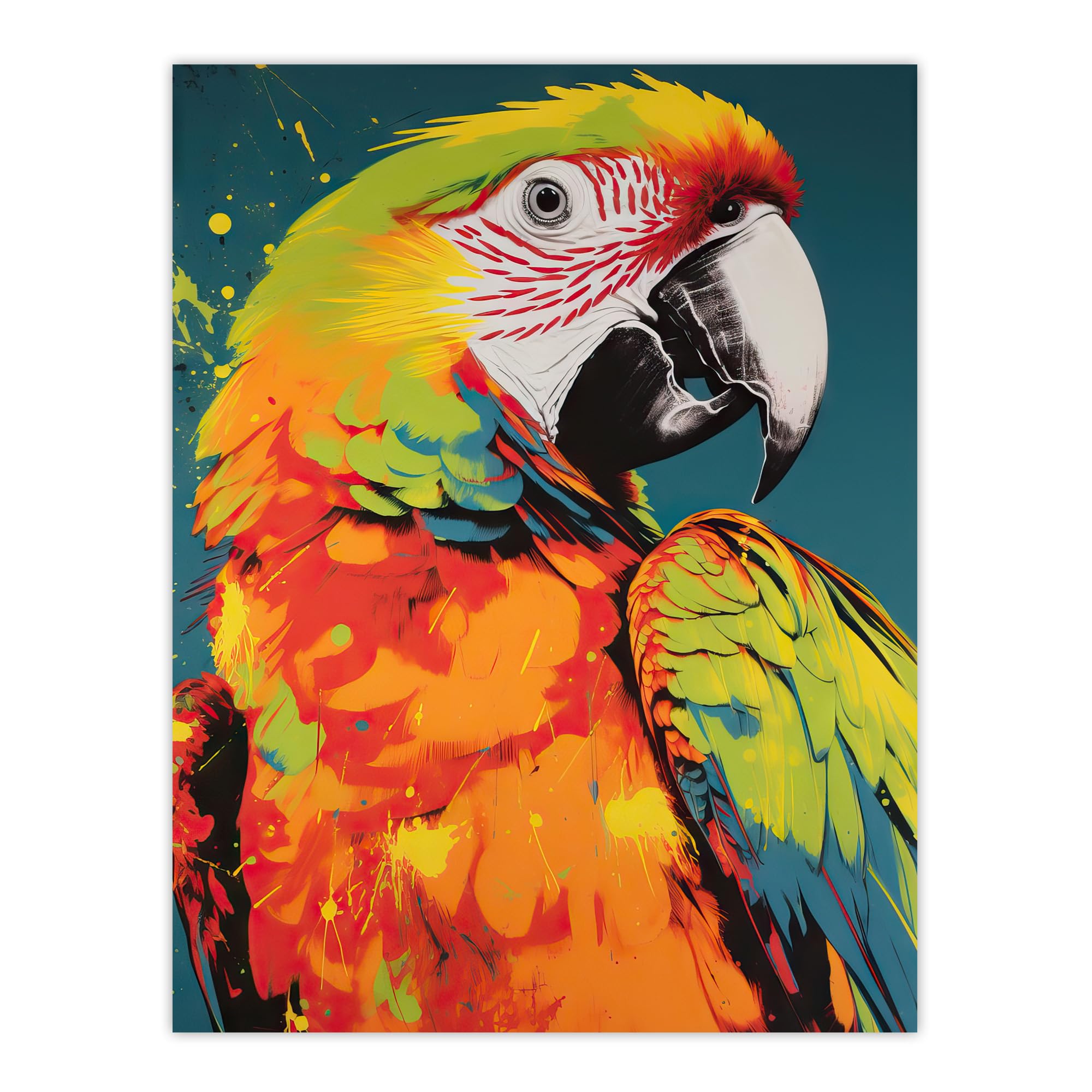 Artery8 Macaw Parrot Neon Orange Green On Teal Exotic Bird Artwork Vibrant Bold Bright Colourful Painting Large Wall Art Poster Print Thick Paper 18X24 Inch