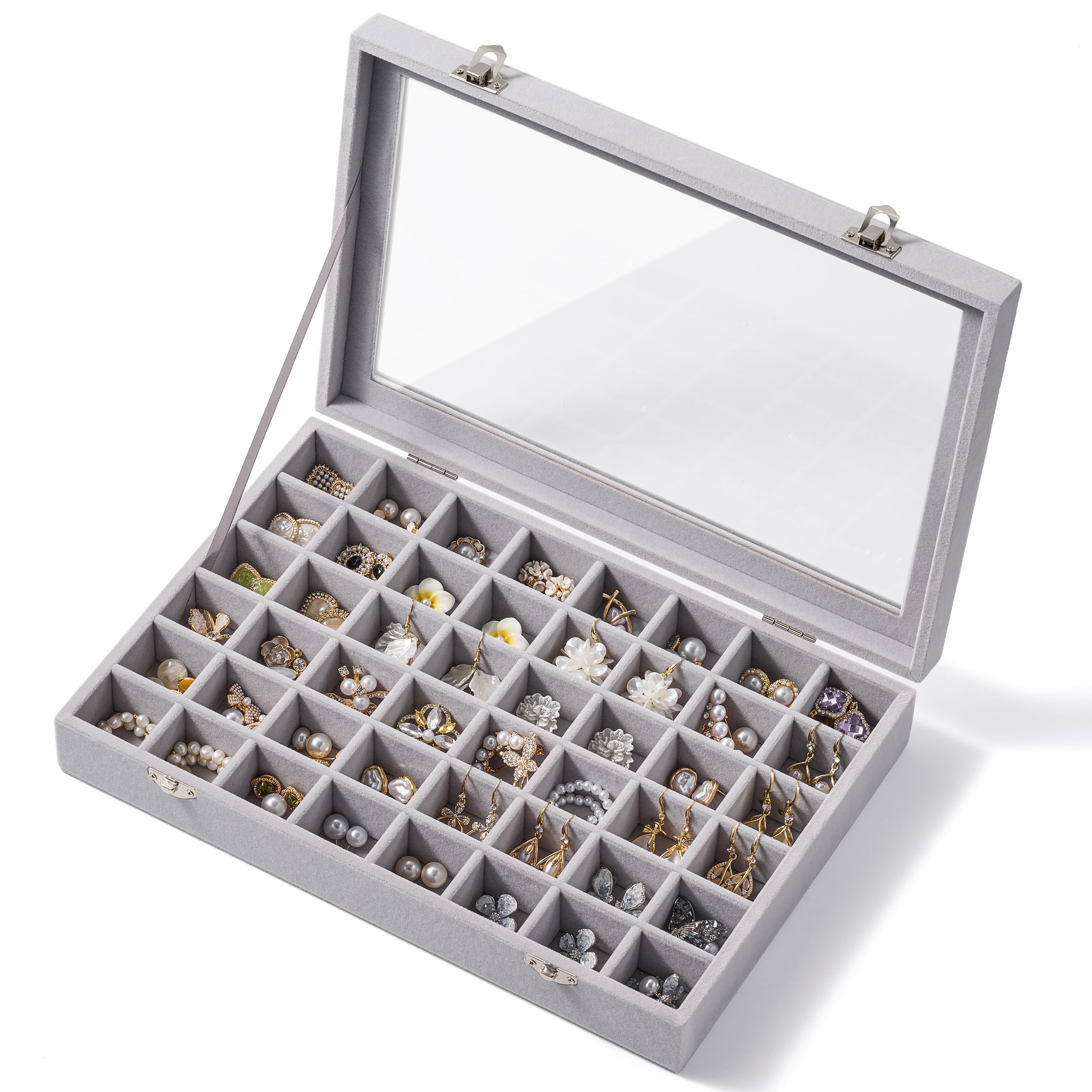 48 Grid Earring Organizer and Storage Velvet Jewelry Tray with Lid Jewelry Box for Studs Earrings Rings Necklaces