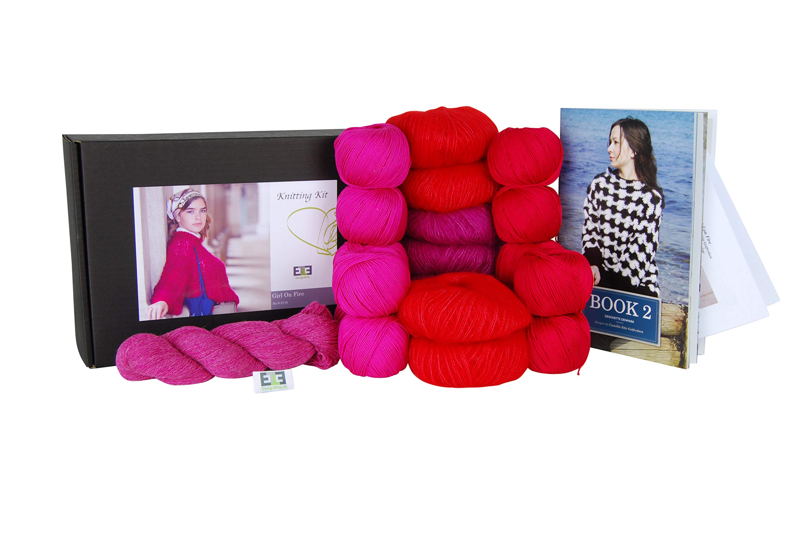 DesignEtte Knitting kit Girl on Fire 100 Percent Mercerized Egyptian Cotton Superkid Mohair Silk And Shetland Wool Blend Large X-Large Red/Pink No-s-2719