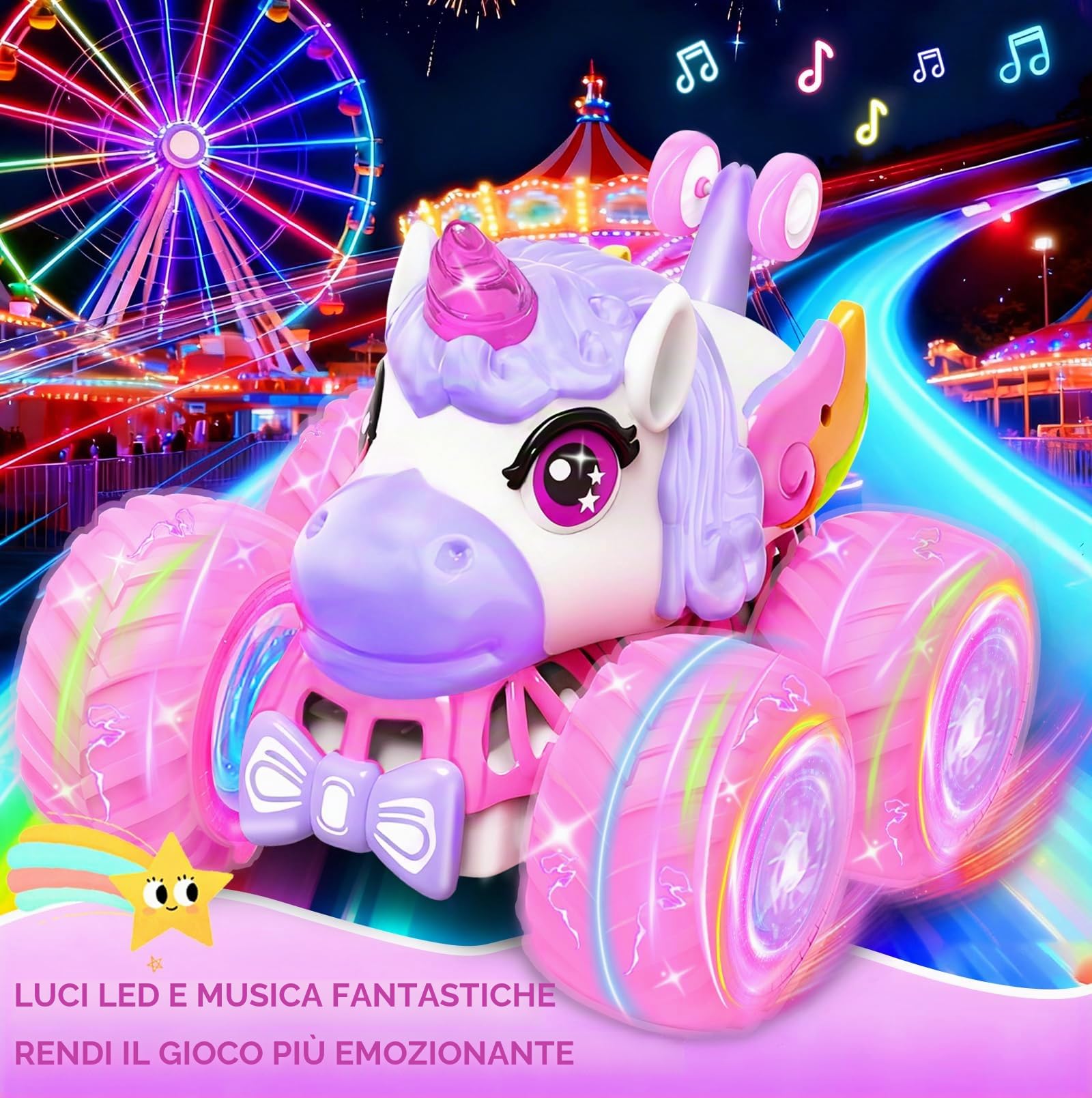 Unicorno Macchina Telecomandato per Bambini - Auto Stunt Rotante a 360° con Luci a LED, Giocattolo Auto Telecomandata 2,4 GHz per Interno Esterno Regali di Compleanno per Ragazze dai 3+ Anni