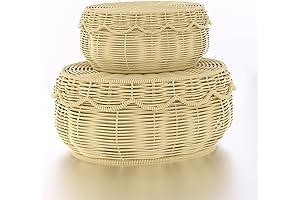 Woven Baskets for Storage with Lid, Set of 2 Handwoven Rattan Scalloped Lidded Baskets