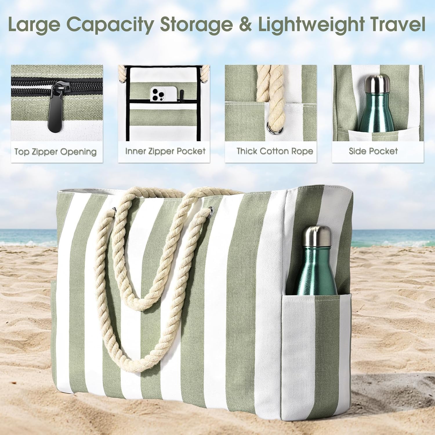 Borse da spiaggia da donna, borsa da piscina impermeabile a prova di sabbia, borsa da spiaggia grande borsa da spiaggia con cerniera a righe borsa da spiaggia tote verde