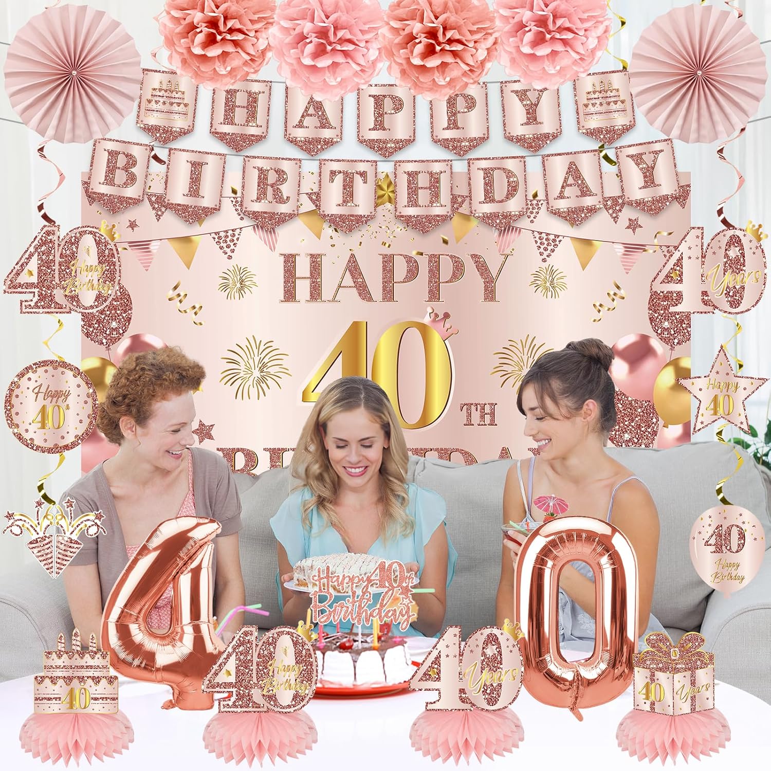 42PCS 40th Birthday Decoration Kit for Women, Pink Rose Gold Happy 40th Bday Banner Balloons Honeycomb Centerpiece Swirl Paper Pompoms Party Supplies, 40 Bday Sash Table Cake Topper Swirls Set - Image 5