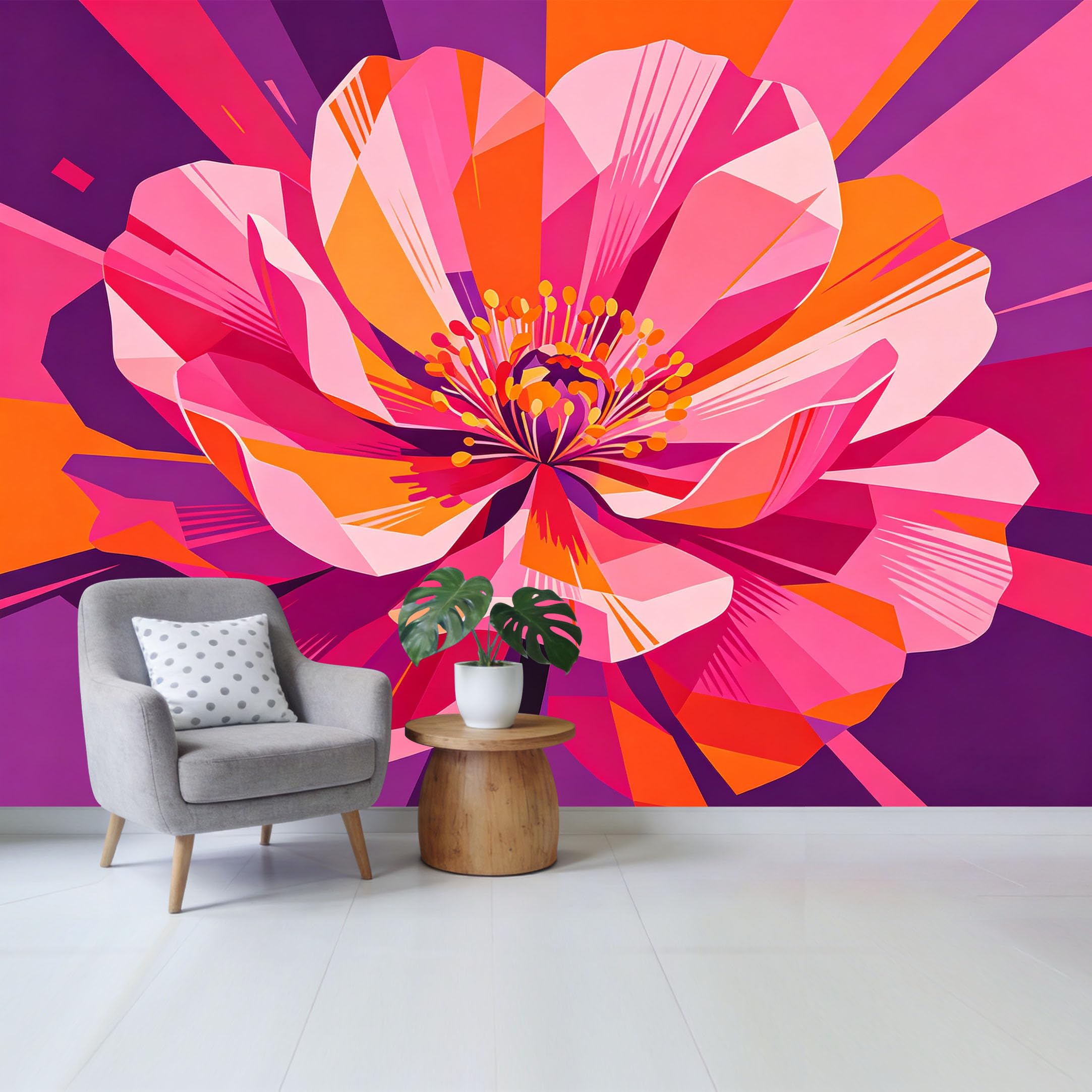 Custom Size Wall Mural Vibrant Pink Flower Geometric Abstract Pattern SelfAdhesive Wall Fabric Removable Wallpaper for Home Office Decor