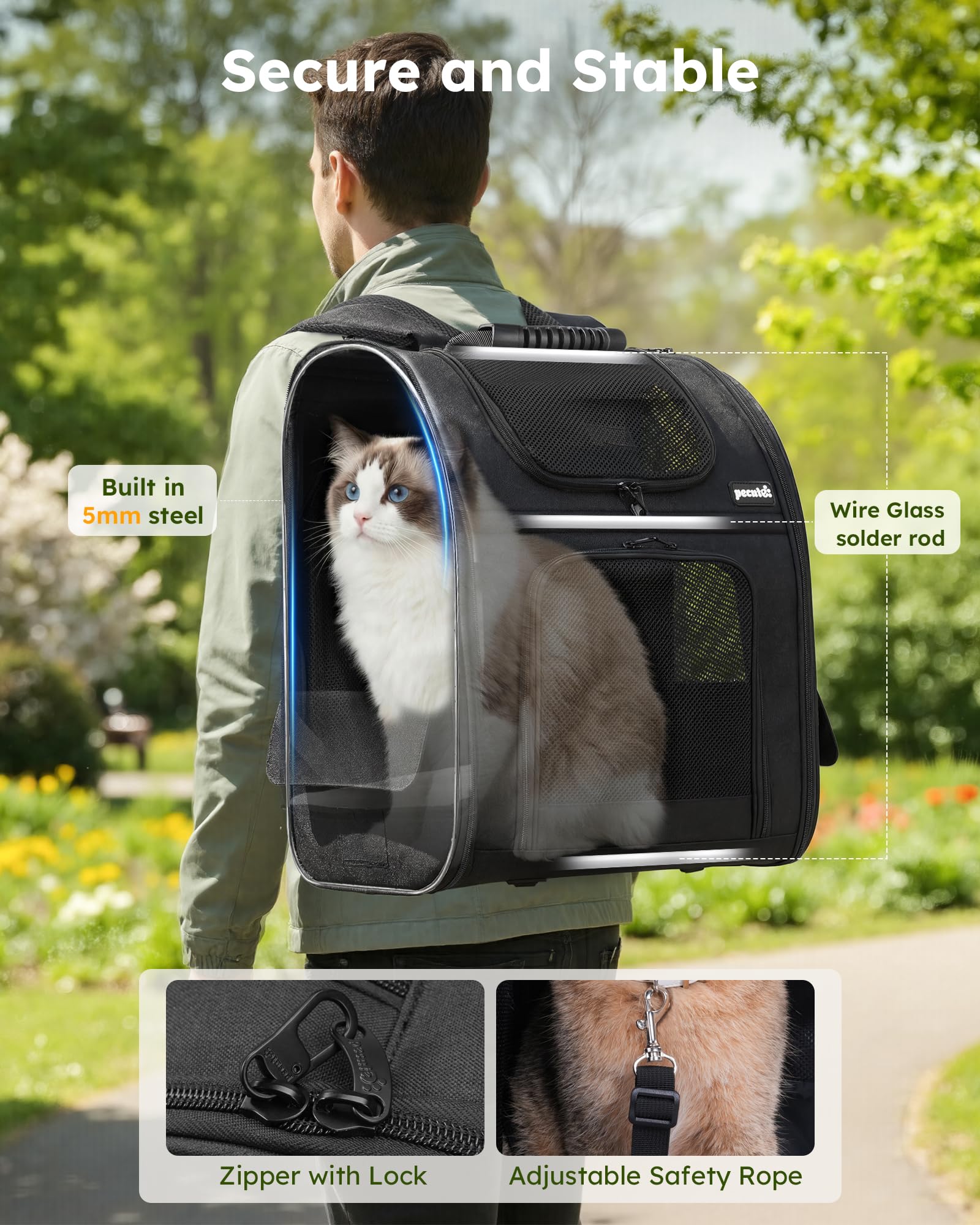 Pecute Zaino per Cani Gatti Grandi Estensibile, Cuccia Portatile, Trasportino Estraibile Indicato per Viaggi Sia Lunghi Che Corti（Nero)