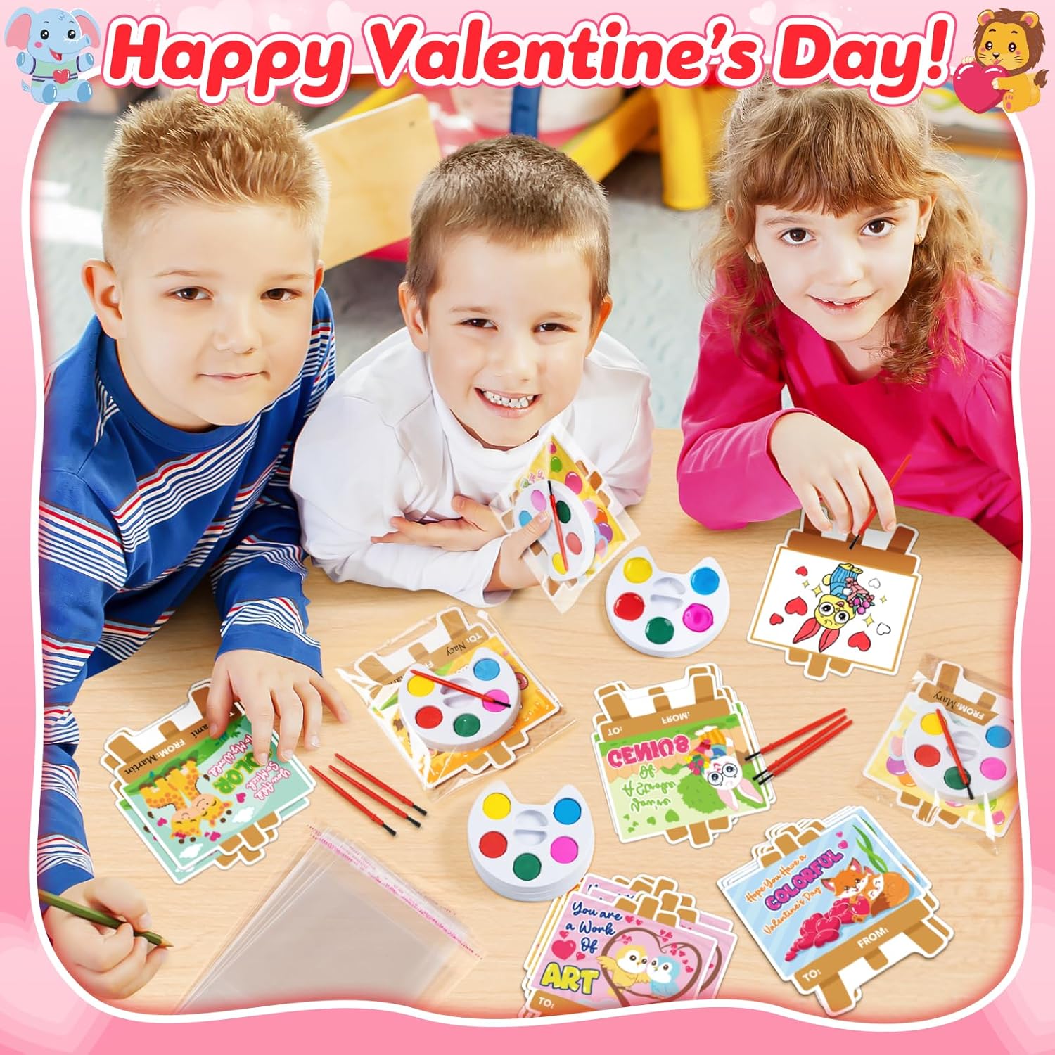 Valentines Day Cards for Kids School, 28 Pack Watercolor Paint Sets with Greeting Cards, Valentines Day Gifts for Kids Classroom Prize Exchange Gifts, Valentine Party Favors for Boys Girls