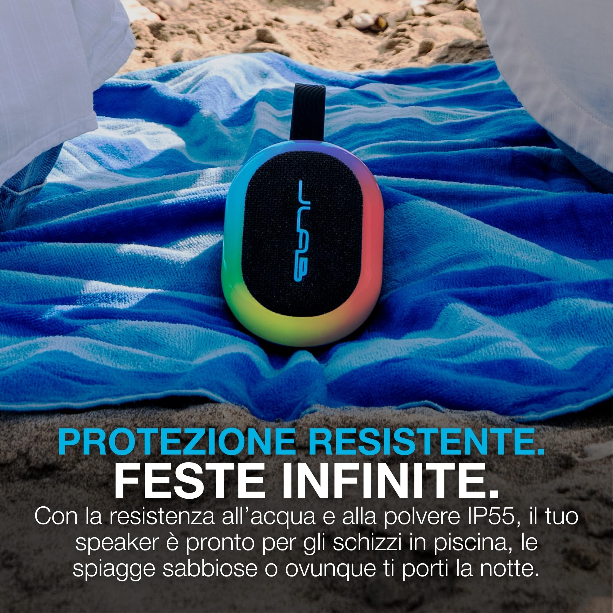JLab Pop Party Cassa Bluetooth Ultra-Portatile con 8+ ore di riproduzione - Altoparlante Wireless da 5W per Esterni e Viaggi con Luci RGB e Audio Potente, Resistente all'Acqua IP55, Blu navy