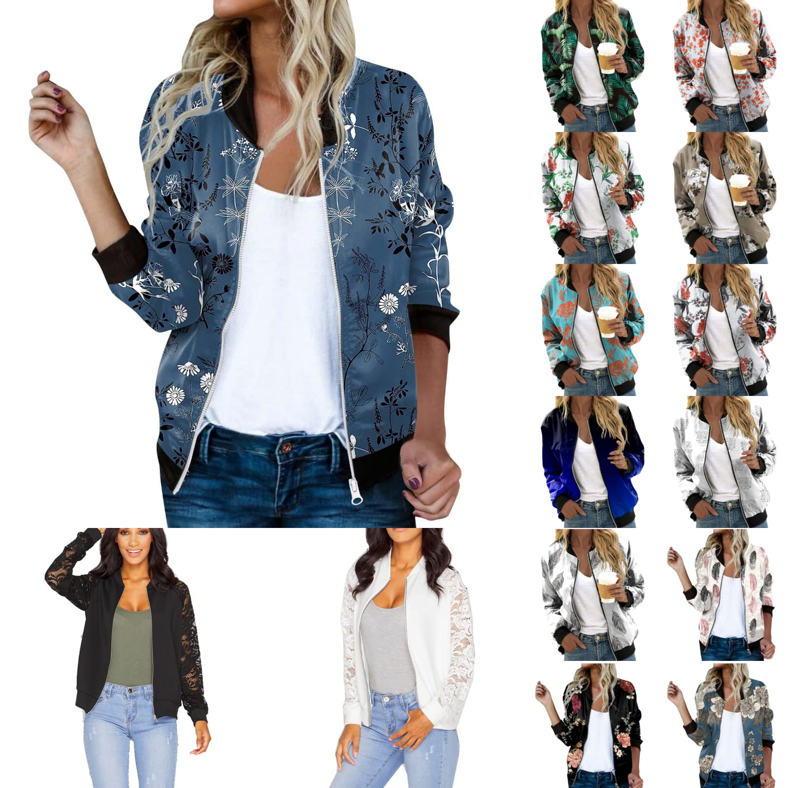 Xiyocadt Bomberjacke Damen Blumenmuster - Leichte Übergangsjacke