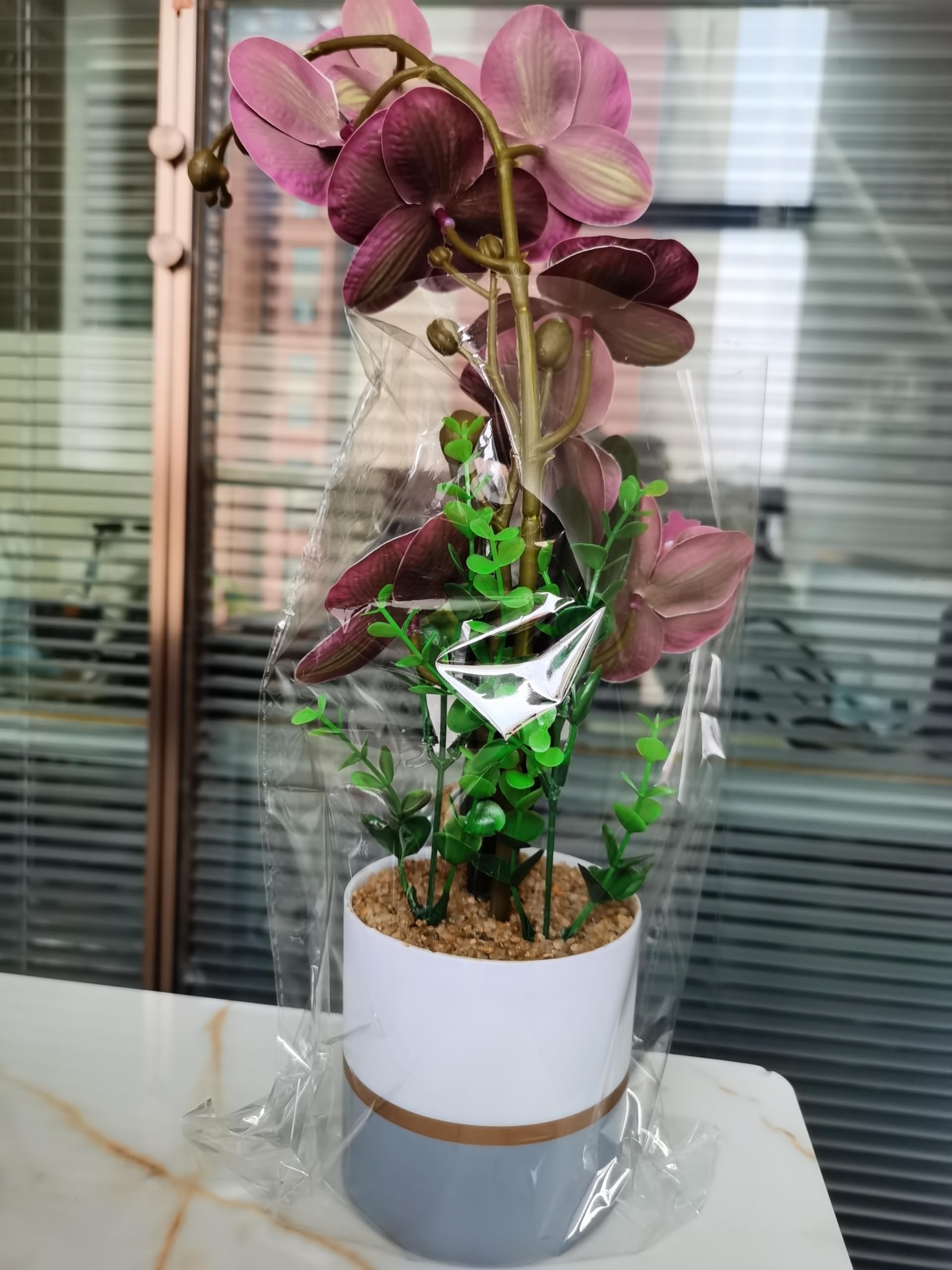 Künstliche Gelbe Zweizackige Orchideenblüte im Topf, Silikon Blumentopf, Phalaenopsis, Achtköpfige Phalaenopsis mit Blumentopf, Eingetopfte Weiße Schmetterlings Simulationsblume (Rot)