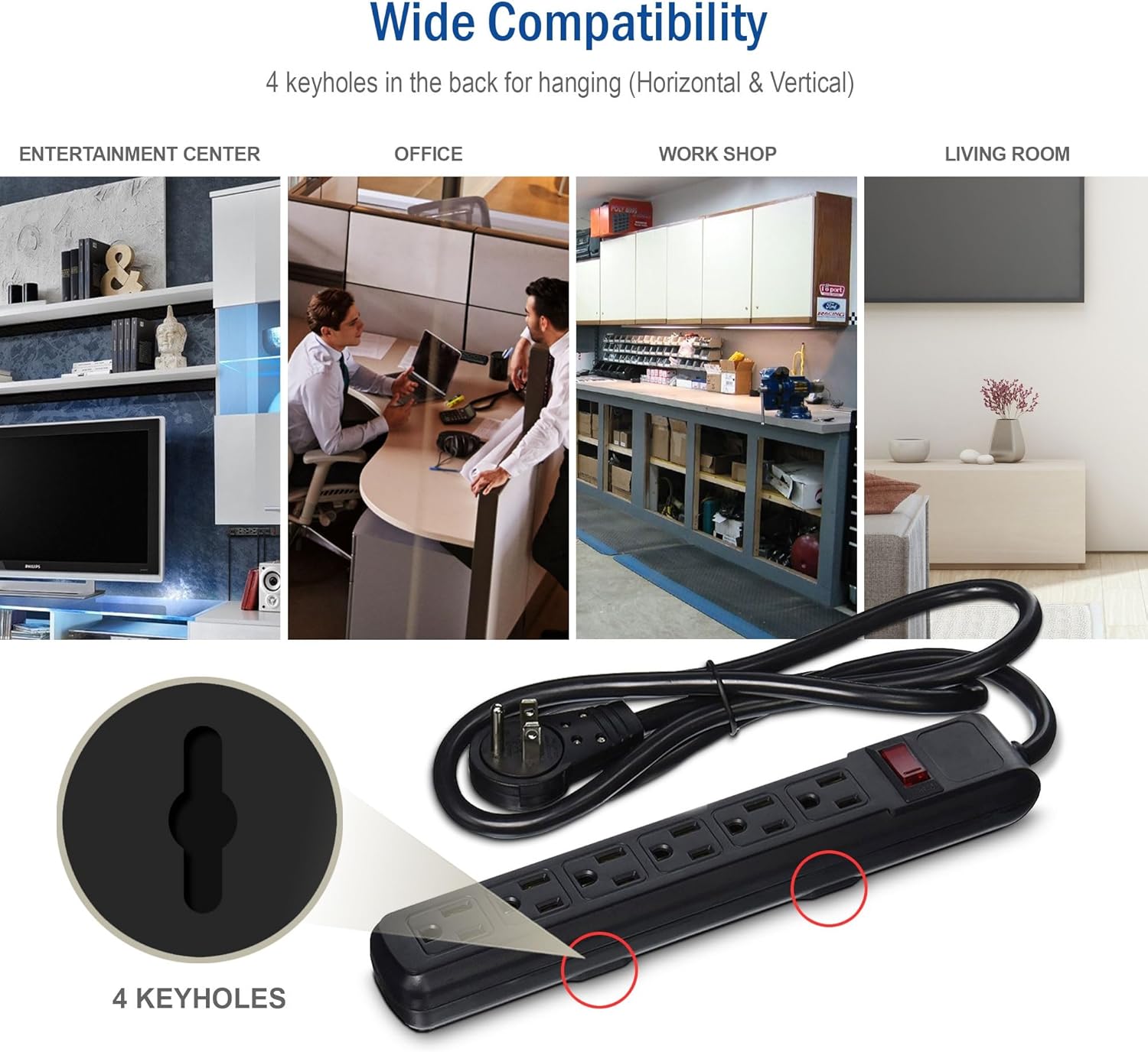 QUALCONNECT Surge Protector, Flat Rotating Plug, 6 Outlet, Black Horizontal Outlets, Plastic, Power Cord 4 ft