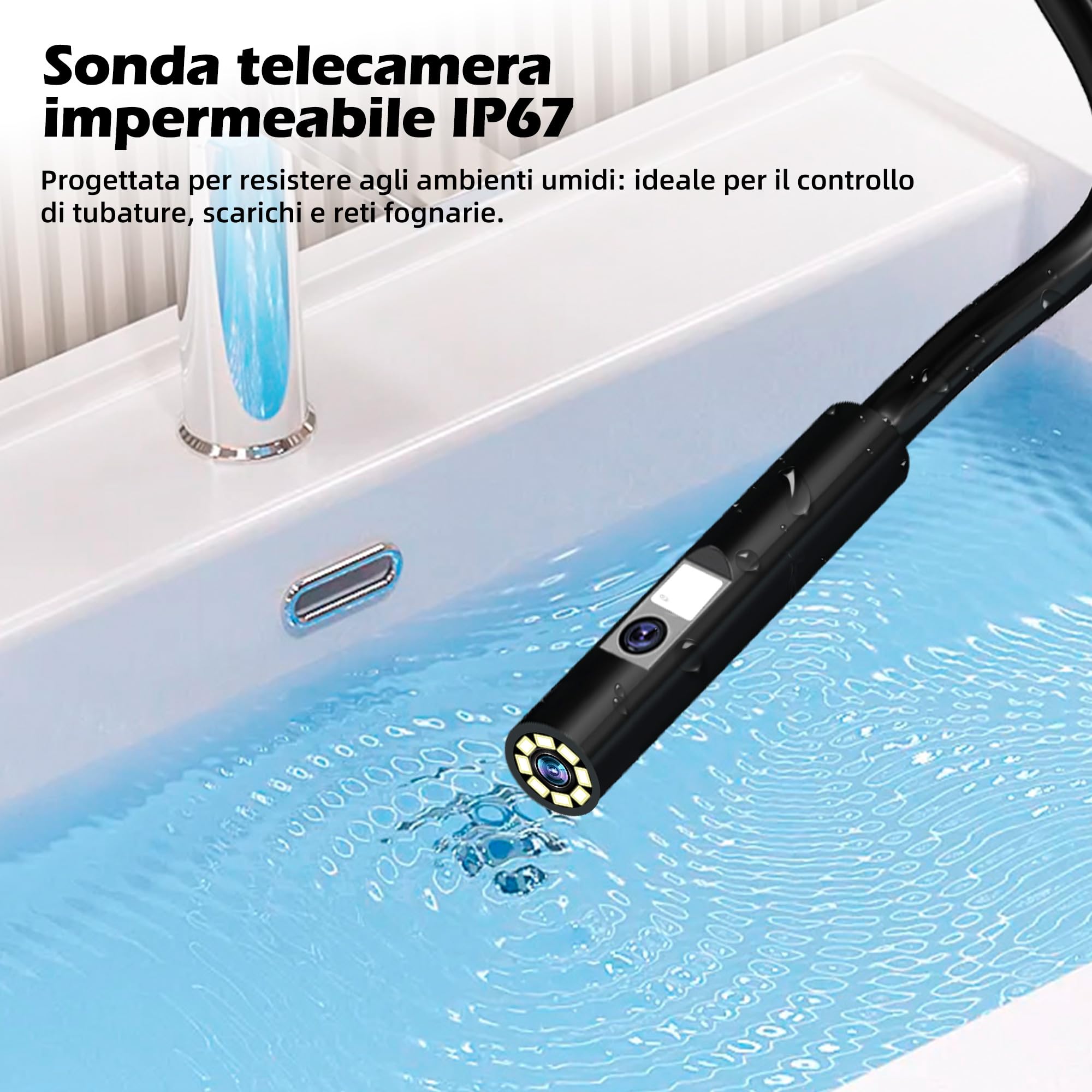 Telecamera endoscopica con luce, IP67, impermeabile endoscopio, 5", schermo IPS, telecamera di ispezione da 2 MP, fotocamera tubolare HD con 9 LED regolabili, cavo semirigido da 5M