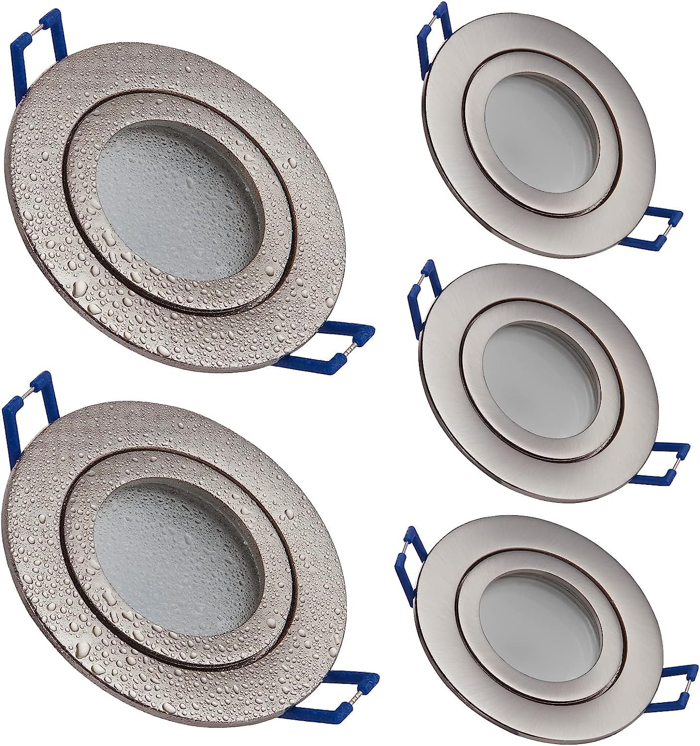 LED Einbaustrahler Edelstahl-gebürstet 5W warmweiß flach 230V – Einbauleuchte IP44 auch für Bad, Außenbereich – Bohrloch Ø65mm Badezimmer Decken-Spot Badeinbaustrahler (5er Set - Warmweiß)