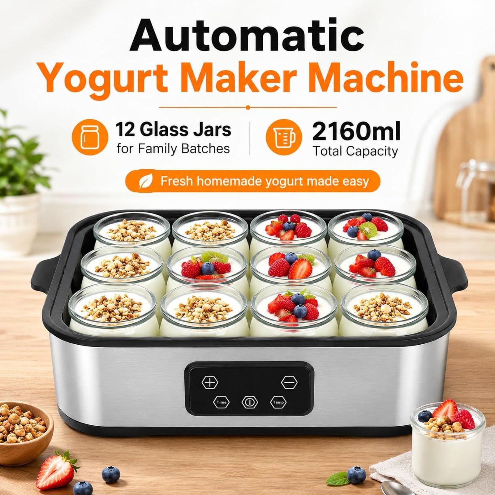 Yaourtière 12 x 180 ml, machine à yaourt avec contrôle réglable du temps et de la température sur 48 heures, arrêt automatique et température constante, pour dessert grec fait maison