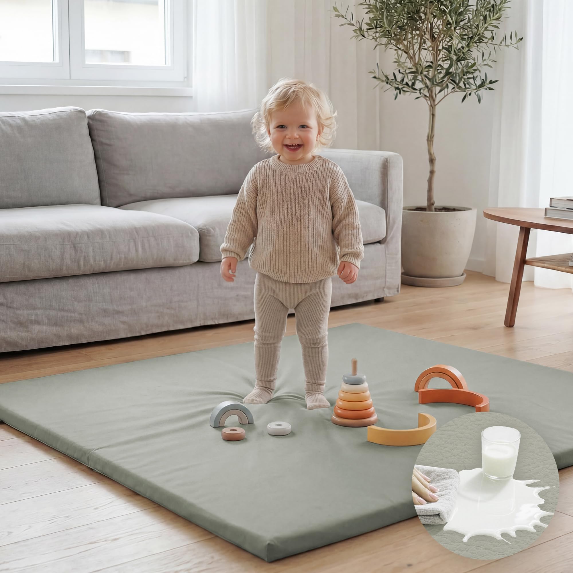 Huloo Sleep Tappetino da gioco per bambini, 127 x 127 cm, spesso 3,3 cm, impermeabile, imbottito per pavimento e box in pelle vegana, antiscivolo e atossico, per neonati, bambini e bambini (grigio)