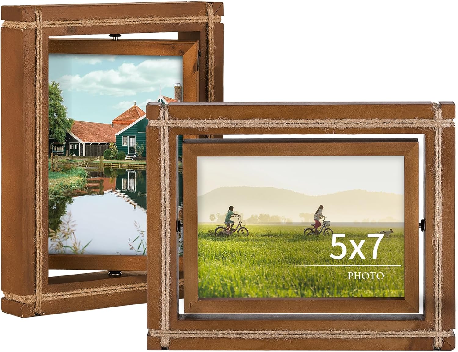 5x7 Picture Frame Tabletop: Double Side Rotating Display, Rustic Brown Photo Frames with Rustic Design, Solid Wood Frame Farmhouse Style, Packs of 2
