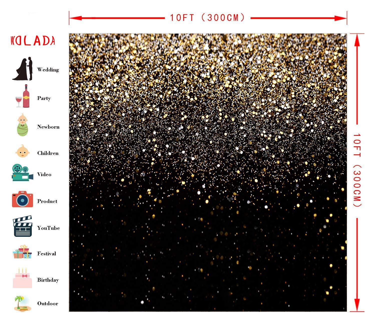 WOLADA 10x10FT Gold Backdrop Glitter Backdrop Gold Spots Bokeh Backdrop