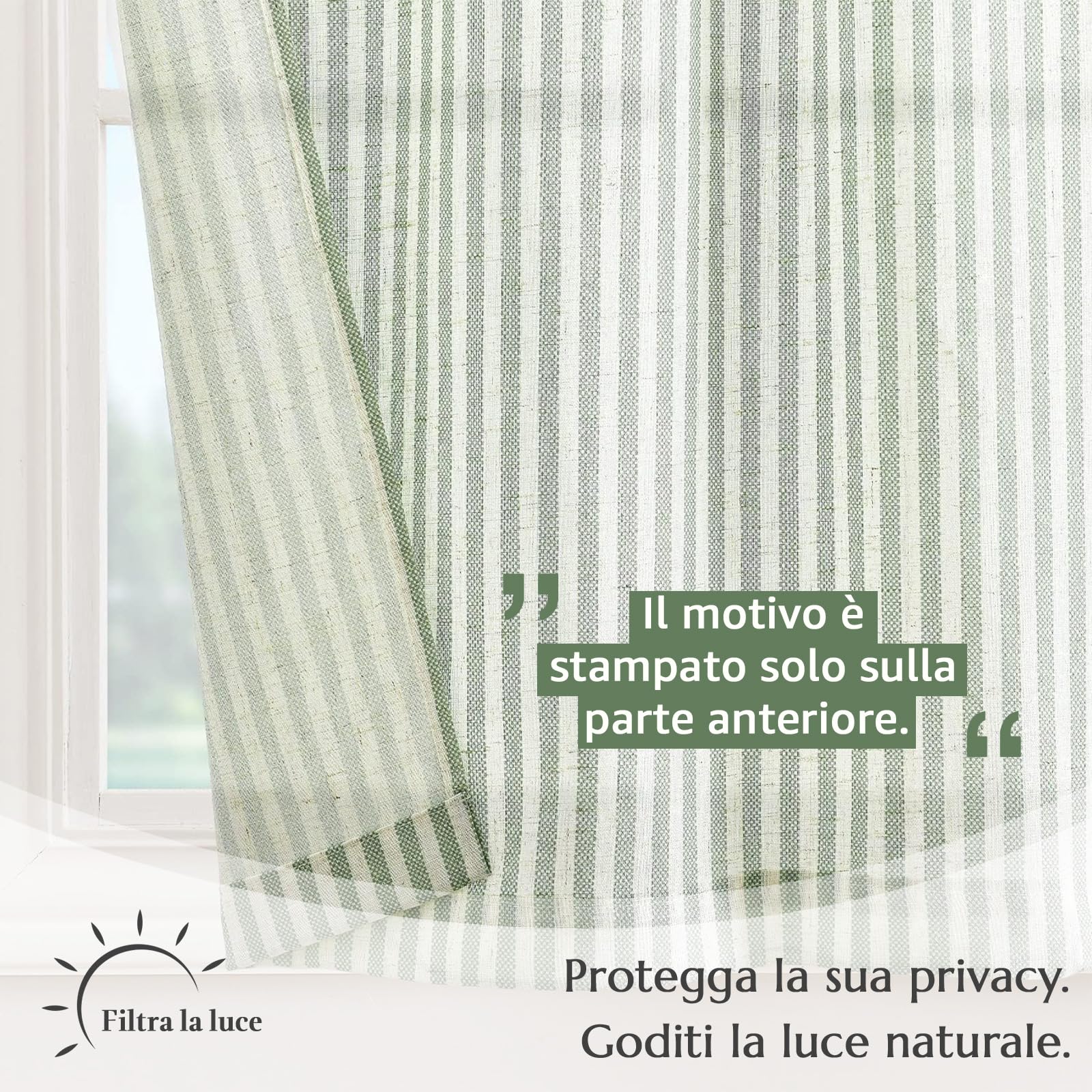 TOPICK Tende a righe in lino con strisce, opache, per cucina, sala da pranzo, bagno, piccola finestra, 65 x 60 cm, verde su beige