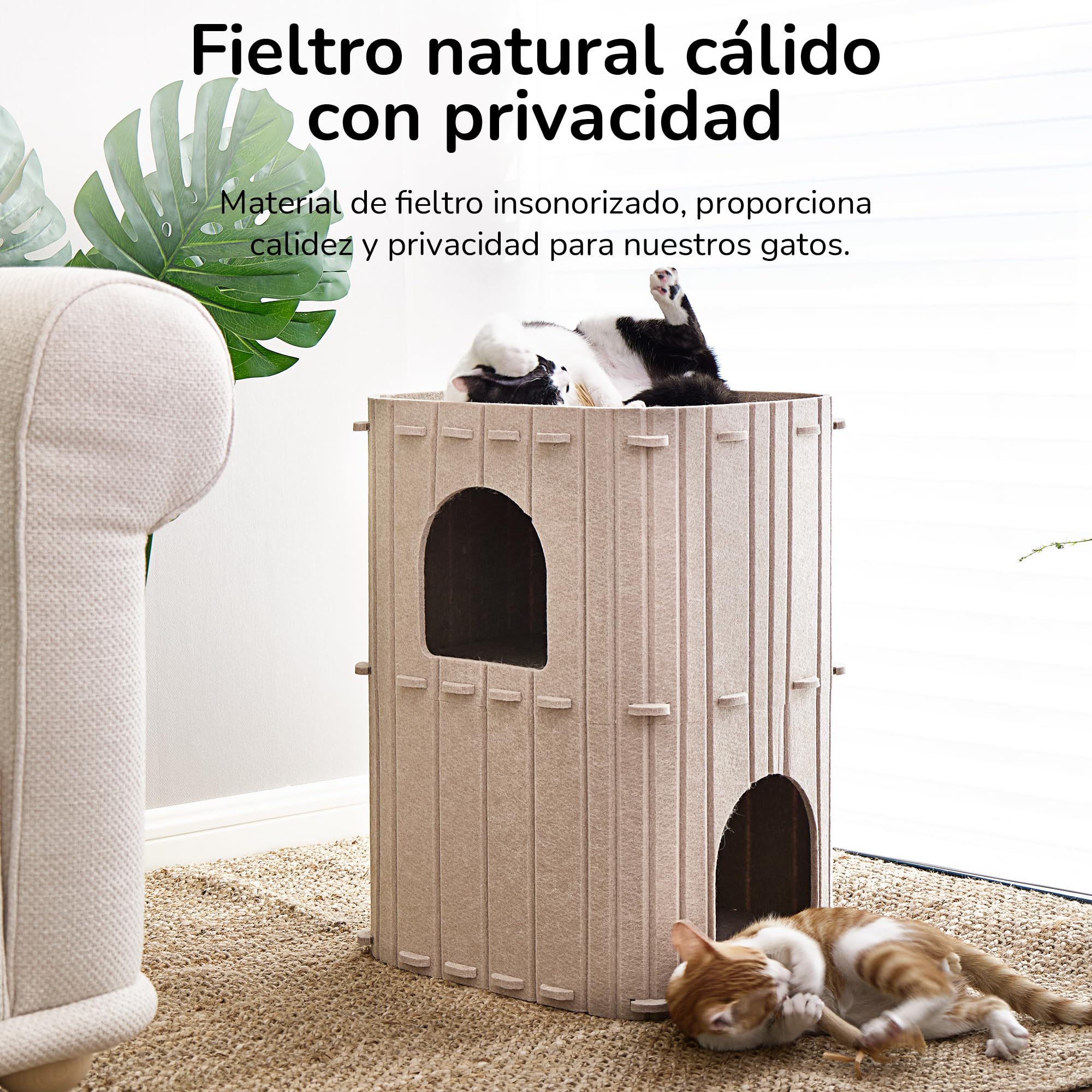 FUKUMARU Cueva Estable de Fieltro para Gatos, Cama de 3 Capas, para Dormir, Jugar y Esconderse, Beige, 45 x 37 x 60 cm, Grande, Beige