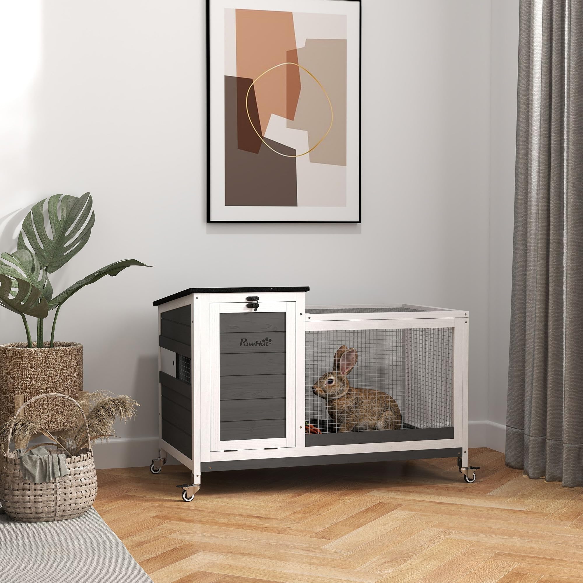 PawHut Conigliera da Esterno e Interno a Rotelle per 1-2 Conigli con Vassoio Estraibile e Ingressi Multipli, Casetta per Conigli in Legno di Abete e Acciaio, 91x51x66 cm, Grigio Bianco e Nero