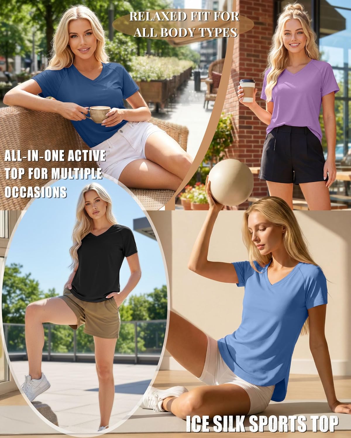 4 Pack Women's Workout Shirts Short Sleeve Quick Dry Tops V Neck Athletic Gym Blouses Side Split Curved Hem