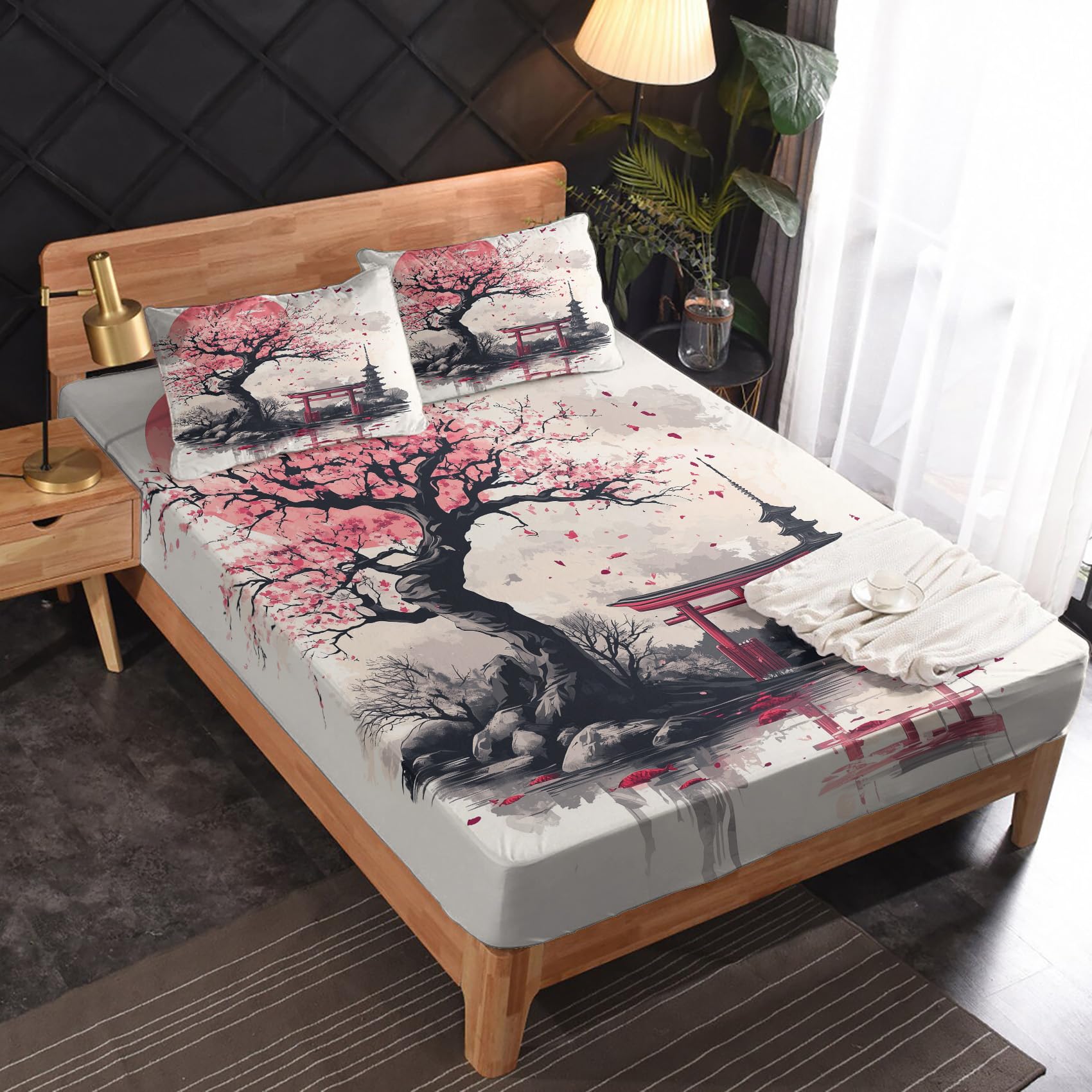 Zvynqour - Japanese Torii Queen Size Sheet Set, Japanese Style Sheet Set, 16 Inch Deep Pocket Bedding, 4 Piece, Japanese Bedroom Decor, Brushed Microfiber
