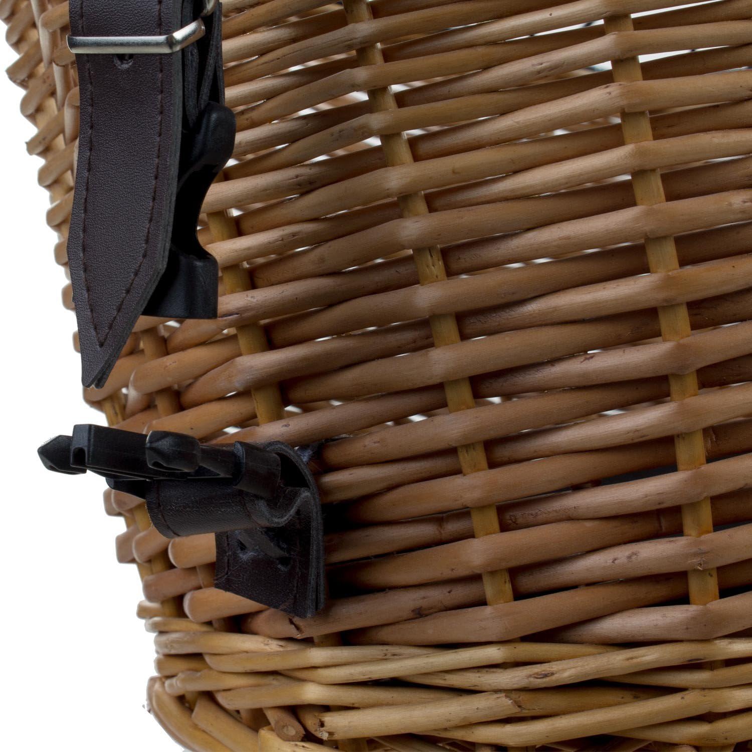 Close-up of the M-Wave dog basket's brown leather-look strap and black buckle, used to secure the steel wire lid.