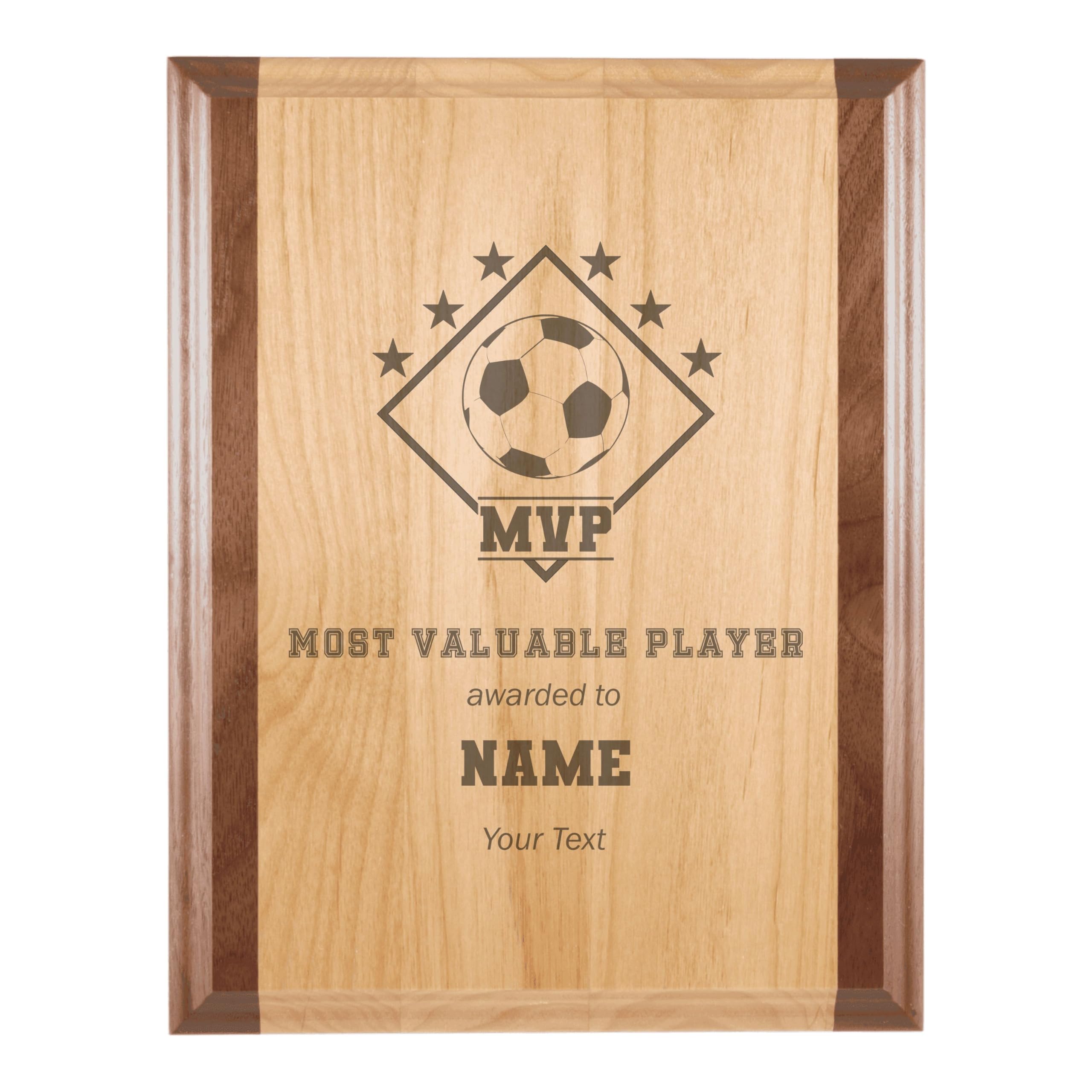 Custom MVP Award for Soccer Player with Personalized Text Sports Gift Ideas for Women or Men Engraved Natural Wood Plaque (7x9 Walnut Trim)