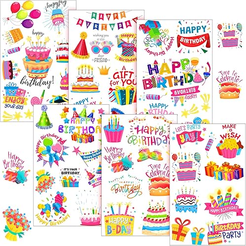 Containlol 6 hojas de calcomanías de feliz cumpleaños para niños, niñas y adultos, tarjetas adhesivas para álbumes de recortes, calcomanías para