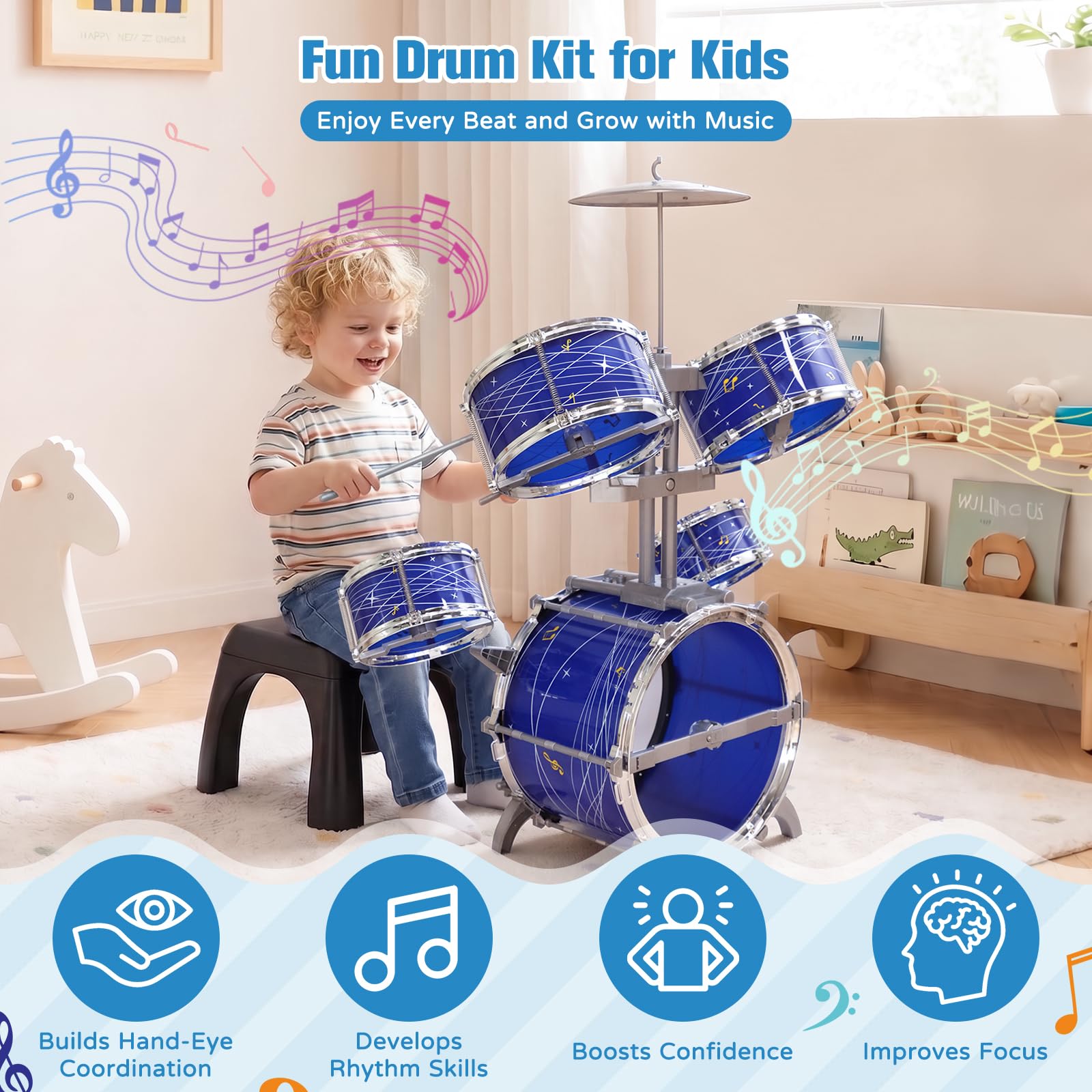 Set di batteria per bambini da 1 a 3 anni, kit di batteria jazz migliorato da 5 pezzi con sgabello, pedale per basso e piatto, strumento musicale a percussione per principianti, giocattolo regalo