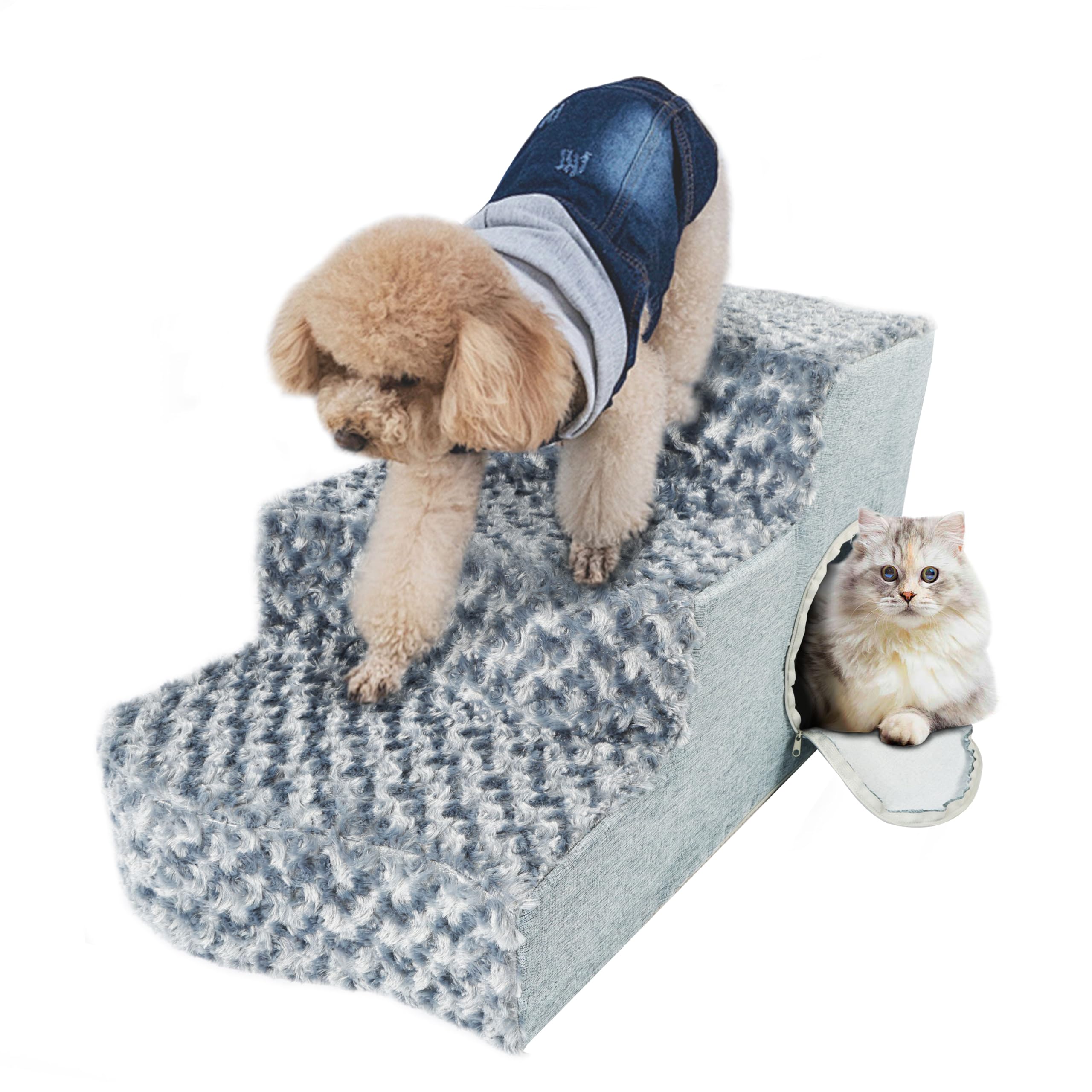 RUBLELITIE Dogs Steps Stairs for bed, 3-Step Extra Wide Ramp for Couch Sofa 15.7"Hx31.1"Lx15.7"W Non-Slip Bottom High Density Foam with Cat Nest for