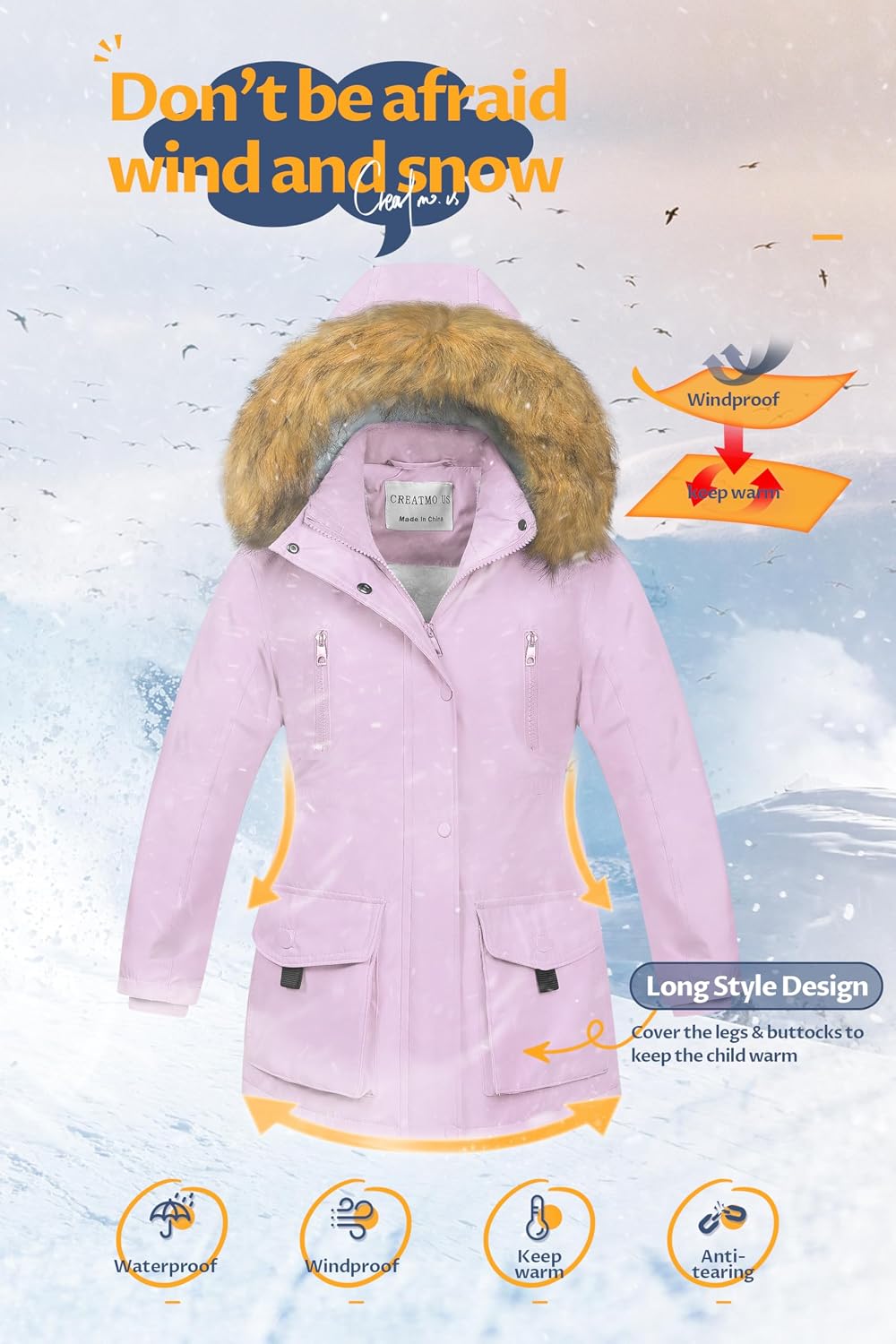 CREATMO US Girl's Sherpa Long Winter Coat Thicken Warm Parka Durable Waterproof Puffer Ski Jacket