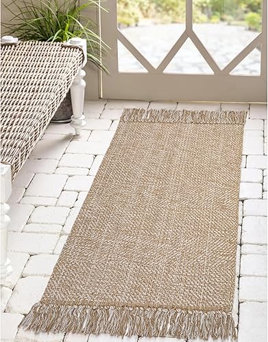Tiveney Alfombra lavable de 2 x 4 pulgadas, color bronceadocrema tejida a mano, alfombra de pasillo de baño para interiores y exteriores, alfombra