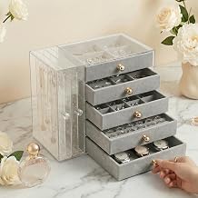 Jewelry Organizer with Clear Acrylic Display and Drawers, Dust-Protected Jewelry Storage Box for Necklaces, Earrings, Rings & Bracelets, Elegant Tabletop Organizer for Vanity, Bedroom or Desk, Gray