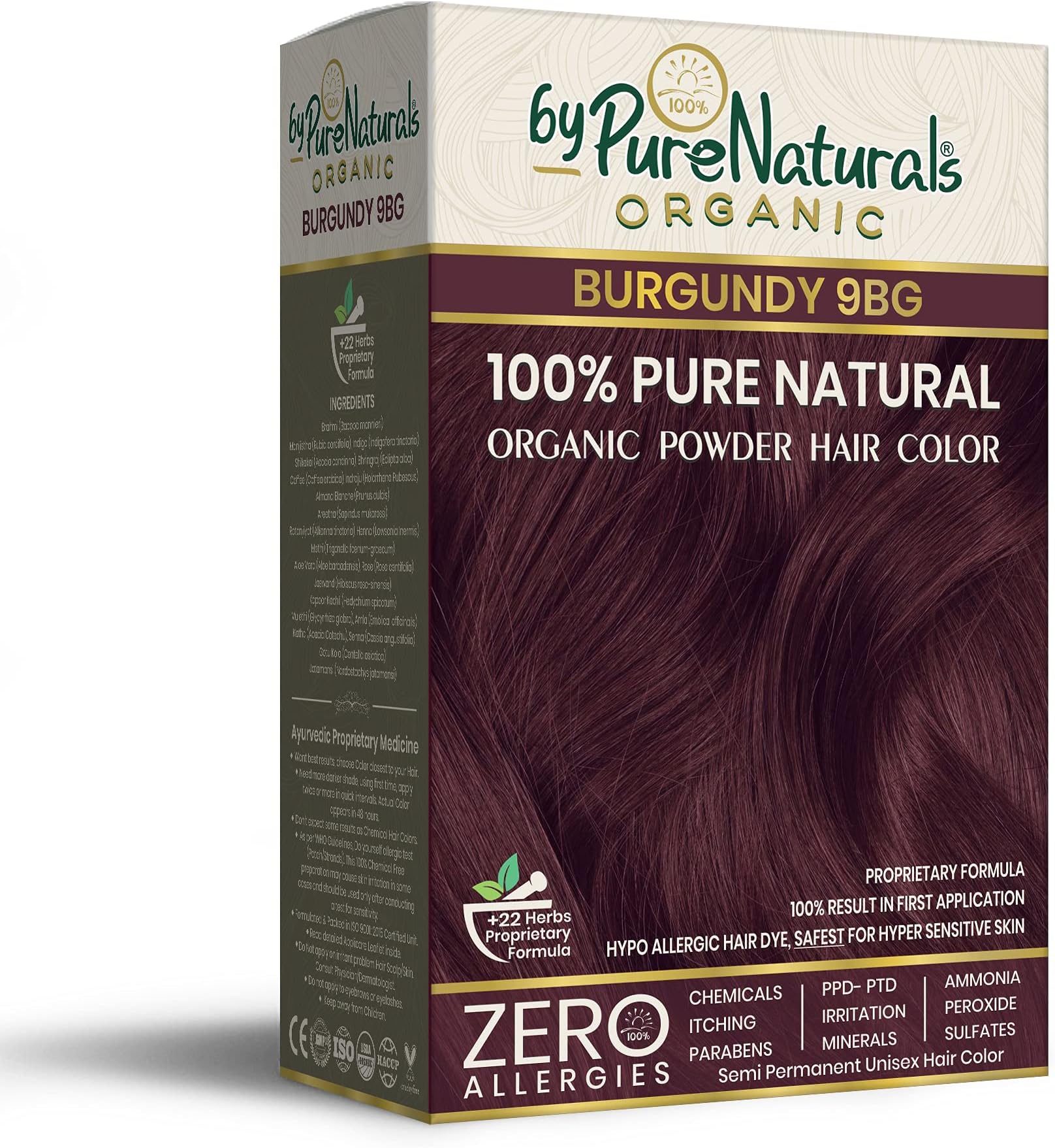 byPurenaturals 100% Organic Hair Colour Powder 9RG 120gm | Safest Beard Colour for Men | Natural Hair Colour for Women & Men 120 g (Pack of 1) Burgundy