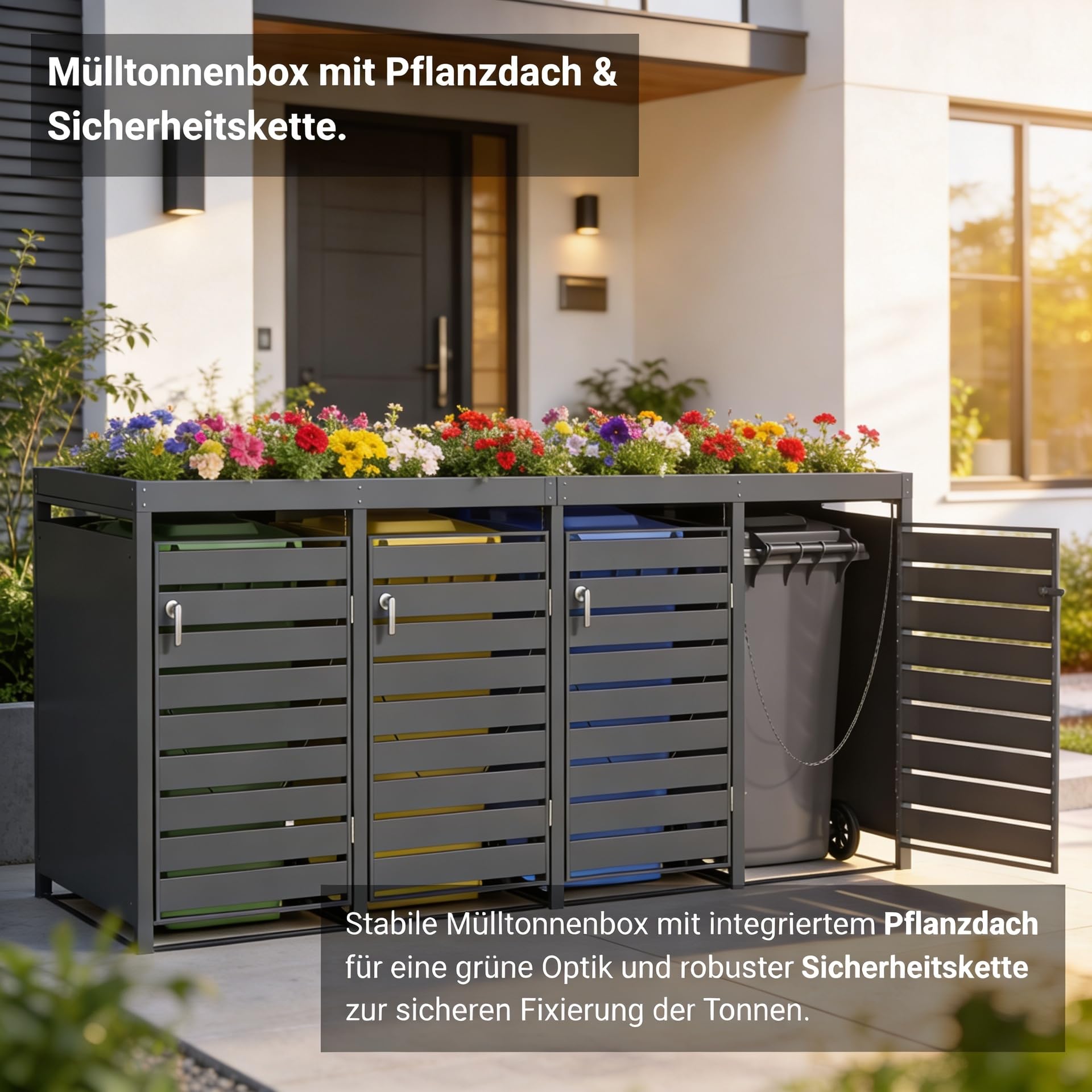 novaterra® Mülltonnenbox Metall Anthrazit für 4×240L - Mülltonnenunterstand mit Pflanzdach, integrierter Auffangkette zur Kippbegrenzung, pulverbeschichtet, wetterfest - B 260 × T 80× H 124 cm