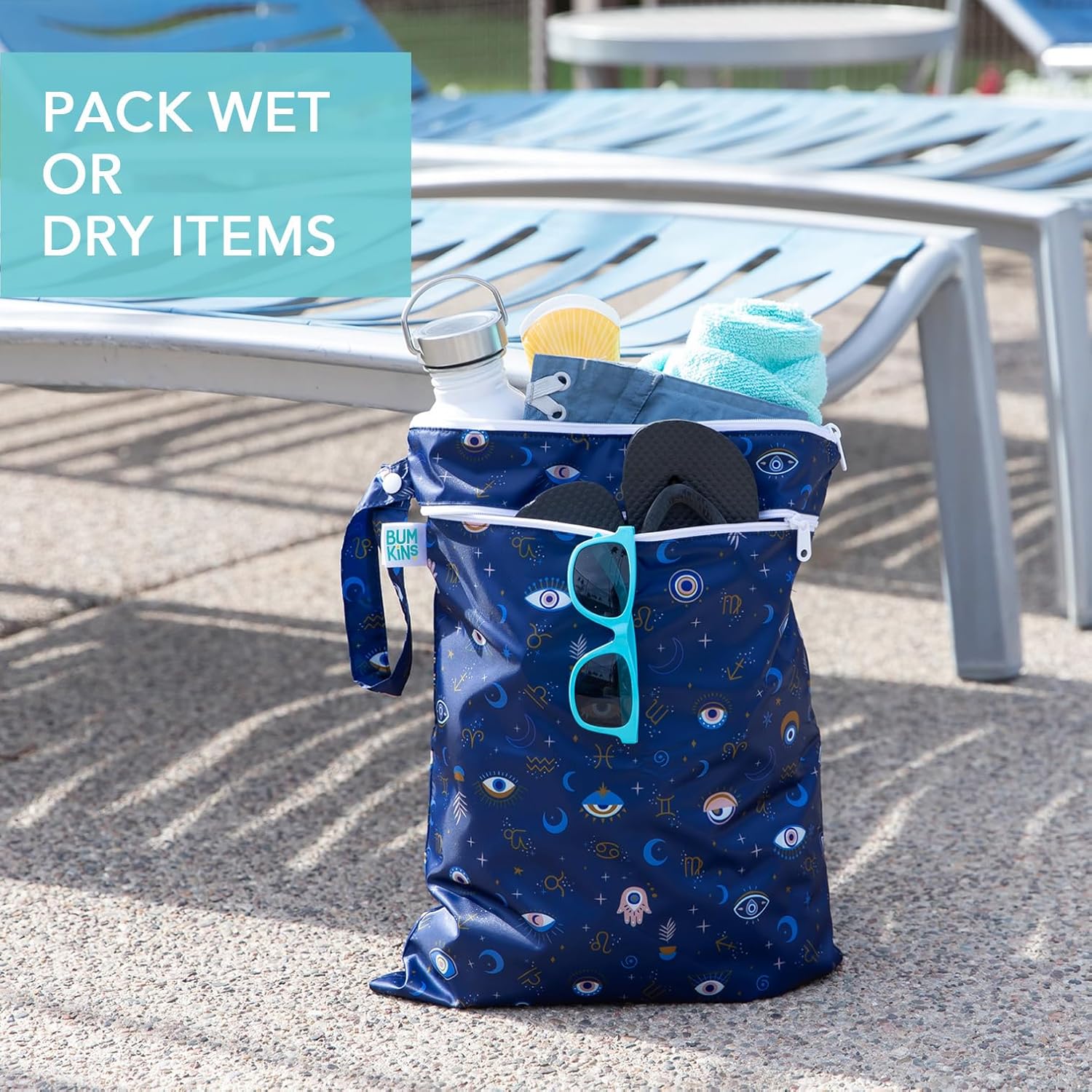 Bumkins - Waterproof Wet and Wetdry Bags - For Beach, Baby, Travel, Swim Suit, Cloth Diapers, Pump Parts, Pool, Gym, Toiletries - Reusable & Easy to Clean - Evil Eye - 2 Pack