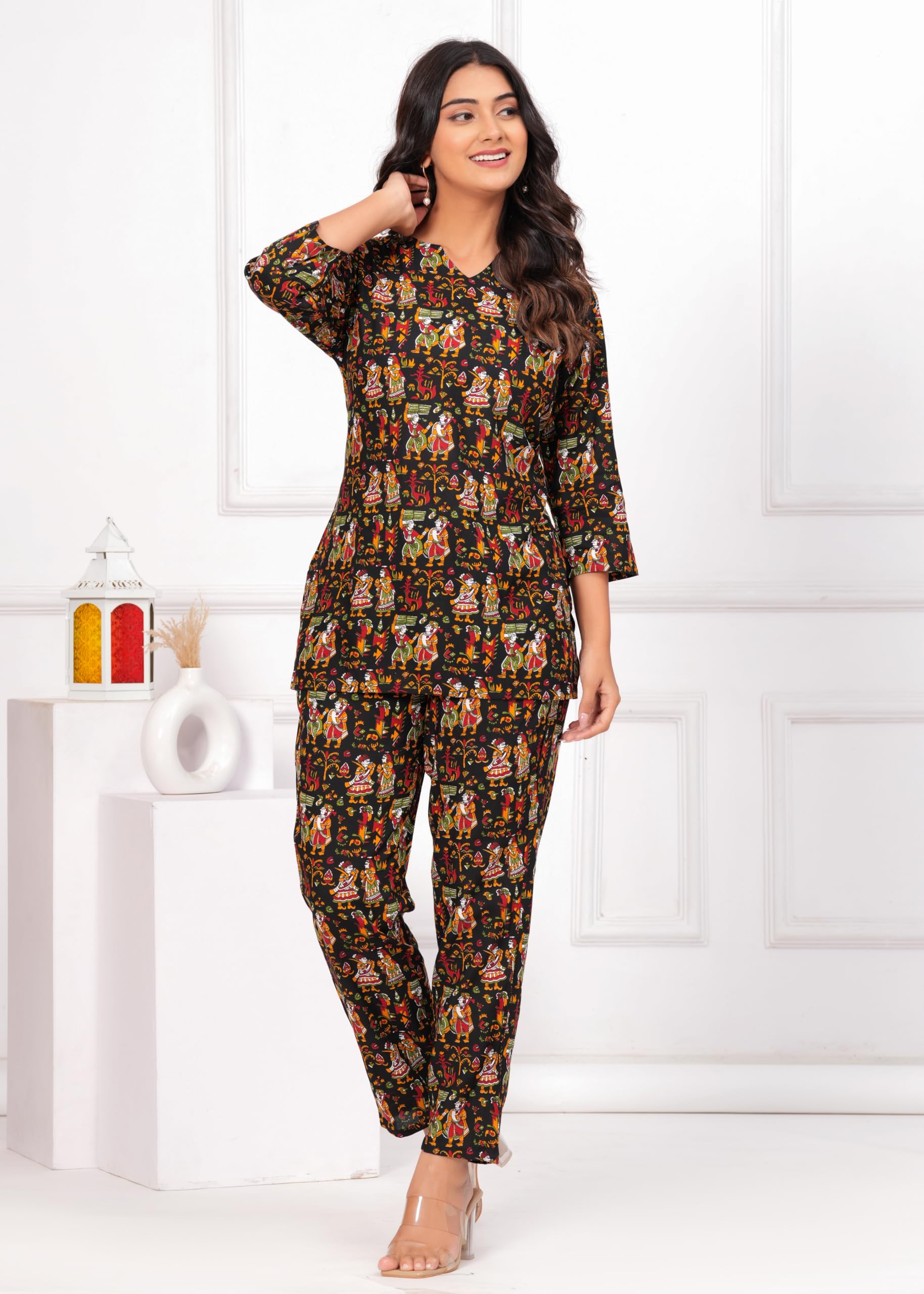 Jikonet Women Cotton Printed Co-Ord Set Kurta Set With Pant Set (Black, Medium)