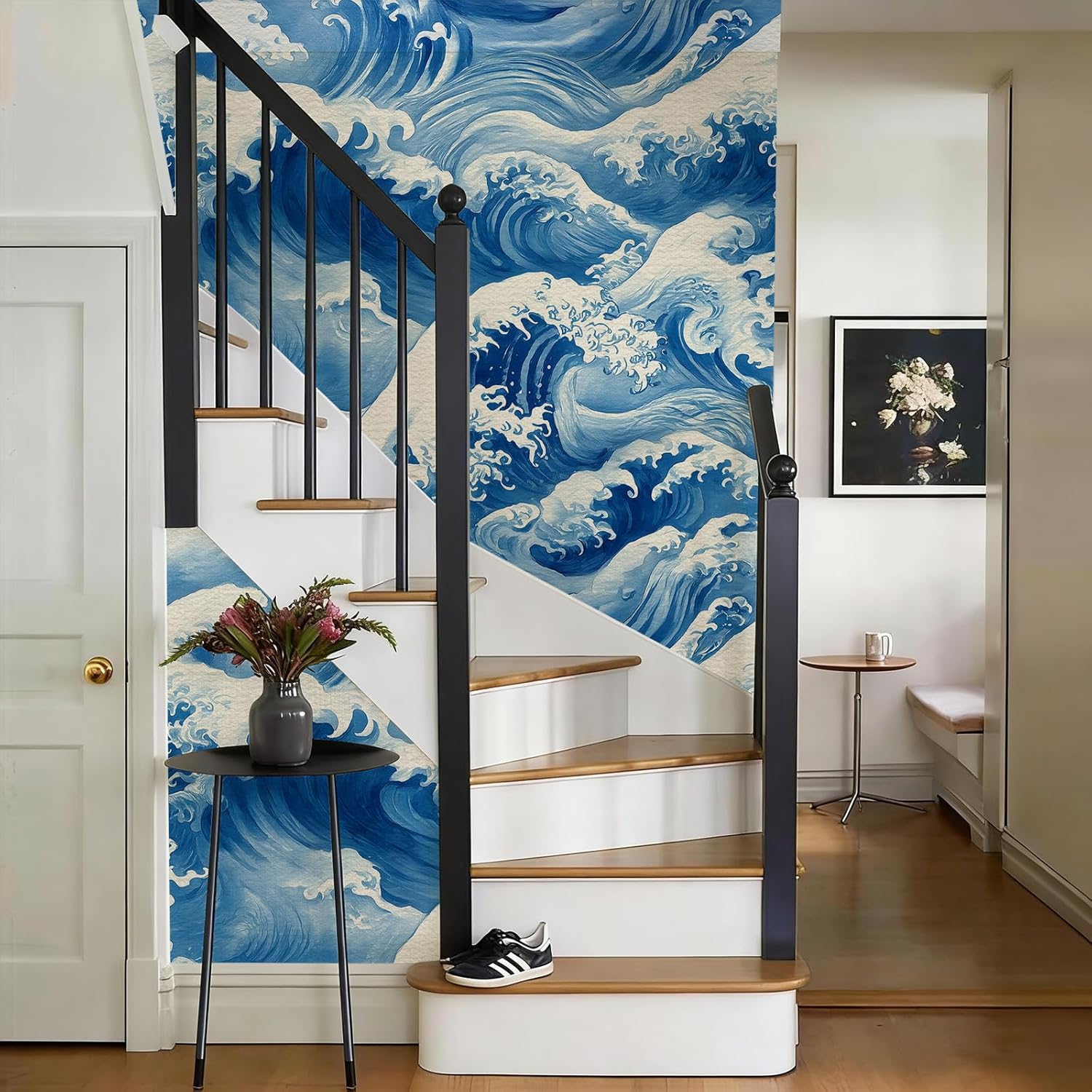 Stickorama Japanese Ukiyo-e Style Wave Peel and Stick Wallpaper 17.72" x 118.1'' Self Adhesive Blue White Ocean Renter Friendly Removable Waterproof Wall Paper for Living Room Bathroom