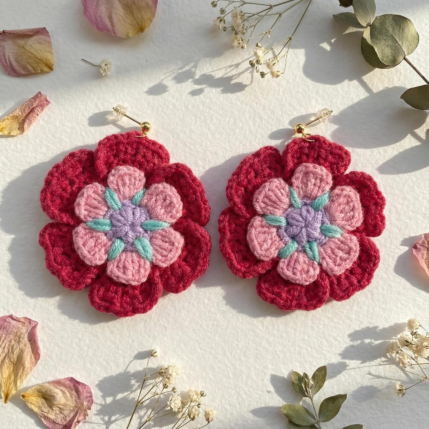 Blush Waltz Handmade Crochet Flower Earrings, Red Bloom Statement Dangles with Gold-Plated Hooks, Lightweight Winter Holiday Jewelry — KnitAra Handmade Magic - Image 7