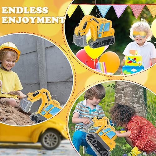 Miniatura 5 de Ferraycle Piñata de camión de construcción para excavadora para niños, suministros de fiesta de cumpleaños, paquete con bate vendado, confeti,