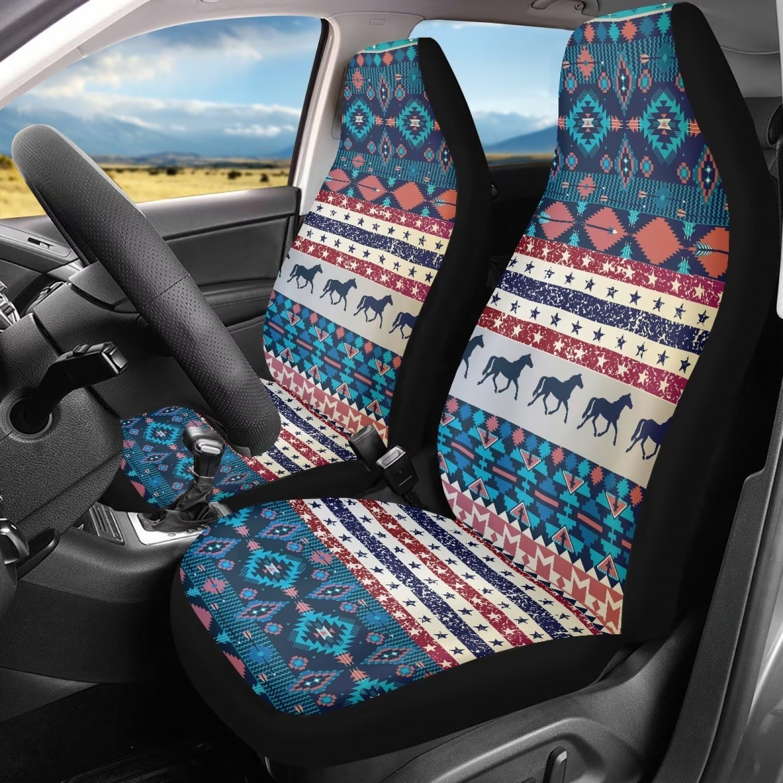 Salabomia Aztec Western Horse Car Seat Cover, High Back Stretchy Car Seat Protector Cover for Women, Comfortable 2 Piece Car Seat Covers Universal Fit for Most Vehicle Cars, Blue