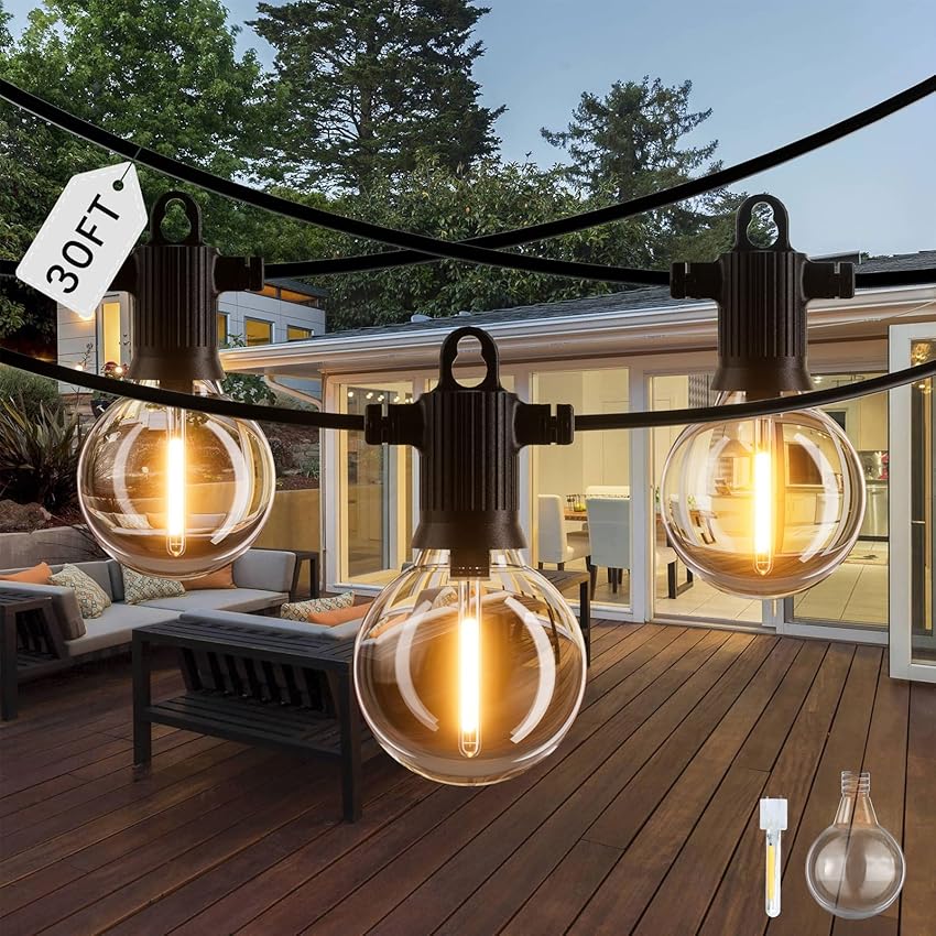 ZOTOYI 30FT/9M Lucine da Esterno Giardino LED - IP65 Impermeabile G40 Luci da Esterno Catena con 10 Lampadine in Plastica Bianca Calda Materiale del filo di rame puro per Giardini Negozi Bar Esterno