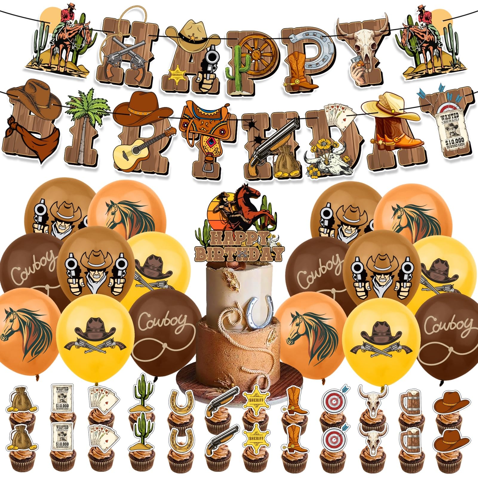 42 Pcs West Cowboy Birthday Party Supplies Including Cowboy Happy Birthday Banner Cake Toppers Cupcake Toppers Balloons for Baby Shower Boys Birthday Party Decorations